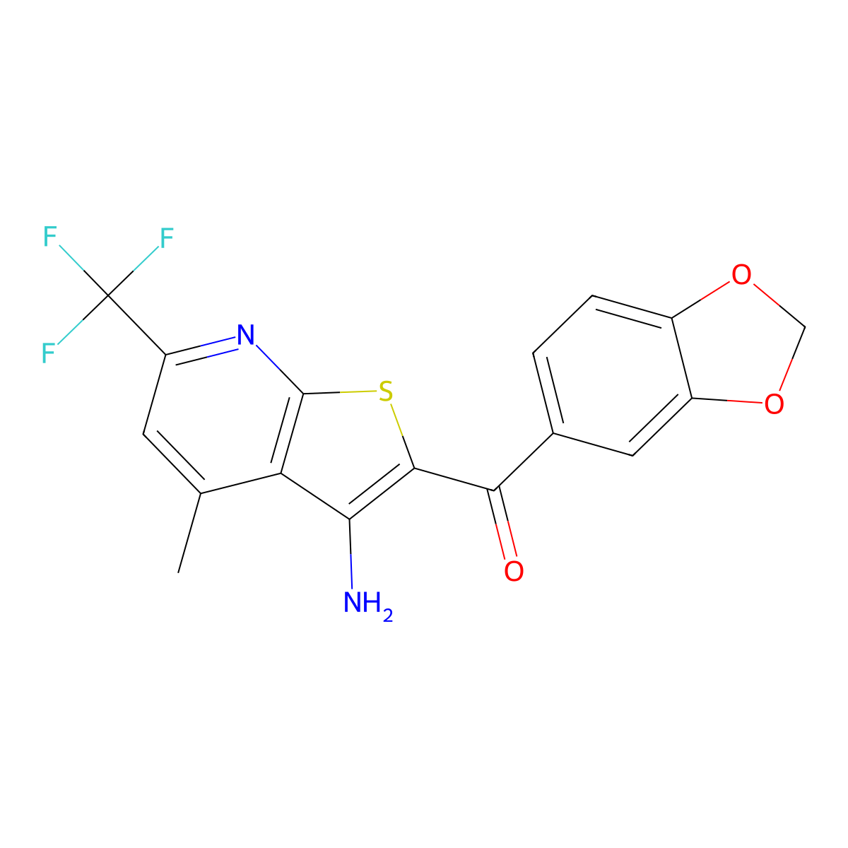 [3-Amino-4-methyl-6-(trifluoromethyl)thieno[2,3-b]pyridin-2-yl](1,3-benzodioxol-5-yl)methanone molecular structure, CAS 445382-79-6