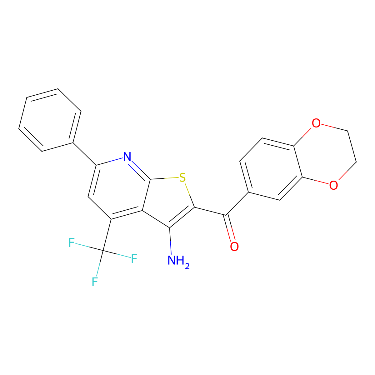 [3-Amino-6-phenyl-4-(trifluoromethyl)thieno[2,3-b]pyridin-2-yl]-(2,3-dihydro-1,4-benzodioxin-6-yl)methanone molecular structure, CAS 445382-83-2
