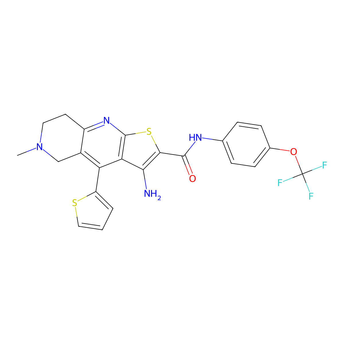 3-amino-6-methyl-4-thiophen-2-yl-N-[4-(trifluoromethoxy)phenyl]-7,8-dihydro-5H-thieno[2,3-b][1,6]naphthyridine-2-carboxamide molecular structure, CAS 445382-88-7