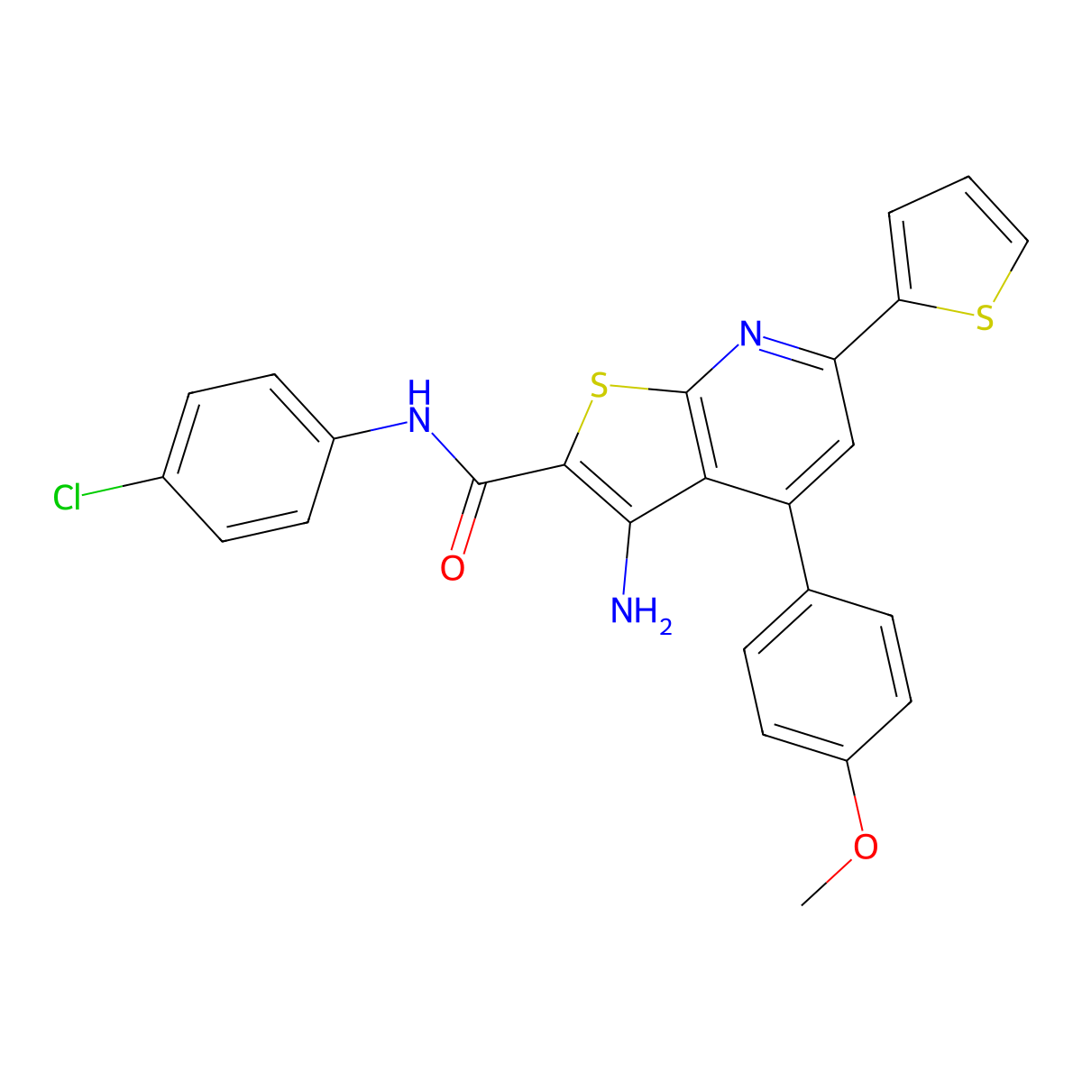3-amino-N-(4-chlorophenyl)-4-(4-methoxyphenyl)-6-thiophen-2-ylthieno[2,3-b]pyridine-2-carboxamide molecular structure, CAS 445382-92-3