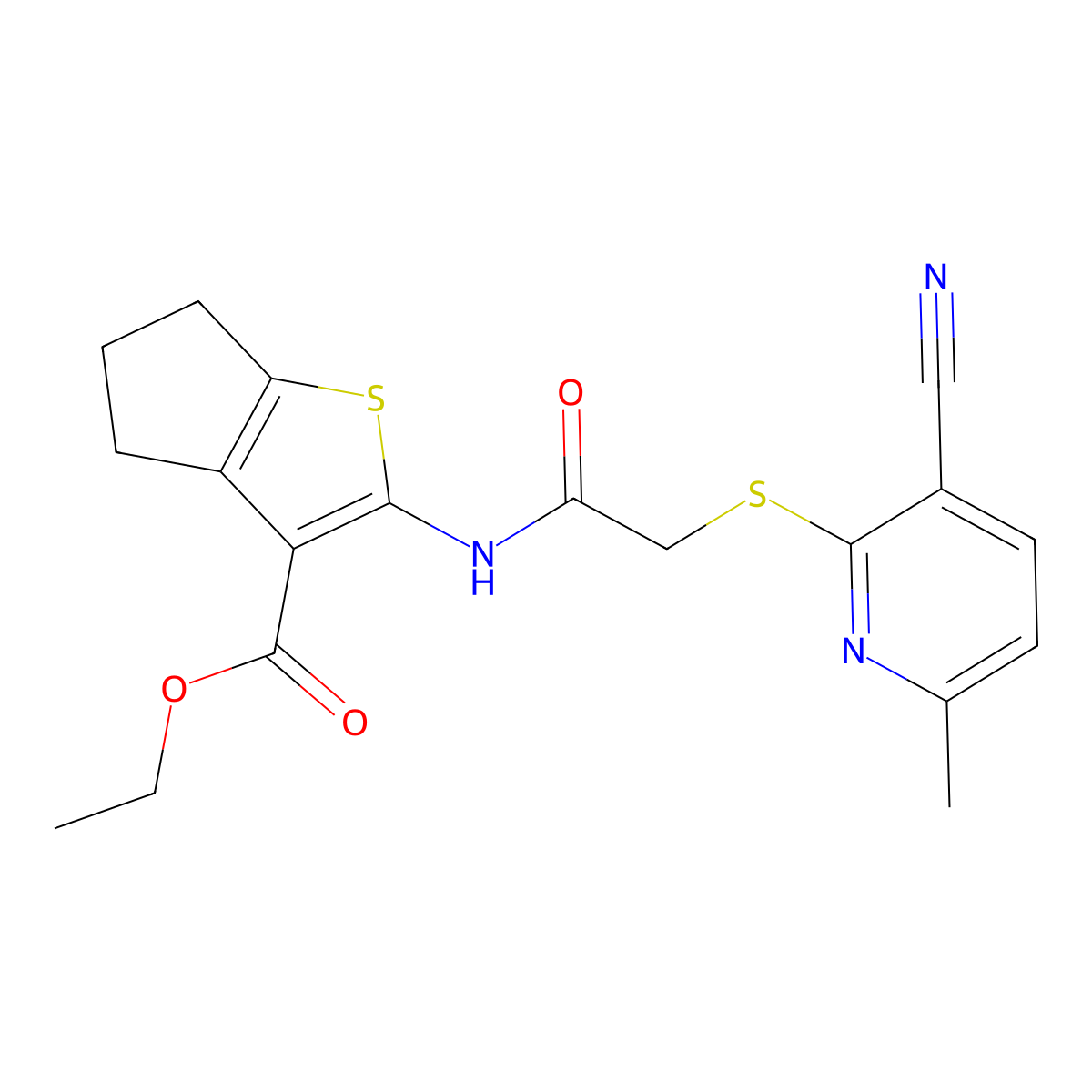 ethyl 2-[[2-(3-cyano-6-methylpyridin-2-yl)sulfanylacetyl]amino]-5,6-dihydro-4H-cyclopenta[b]thiophene-3-carboxylate molecular structure, CAS 445382-93-4
