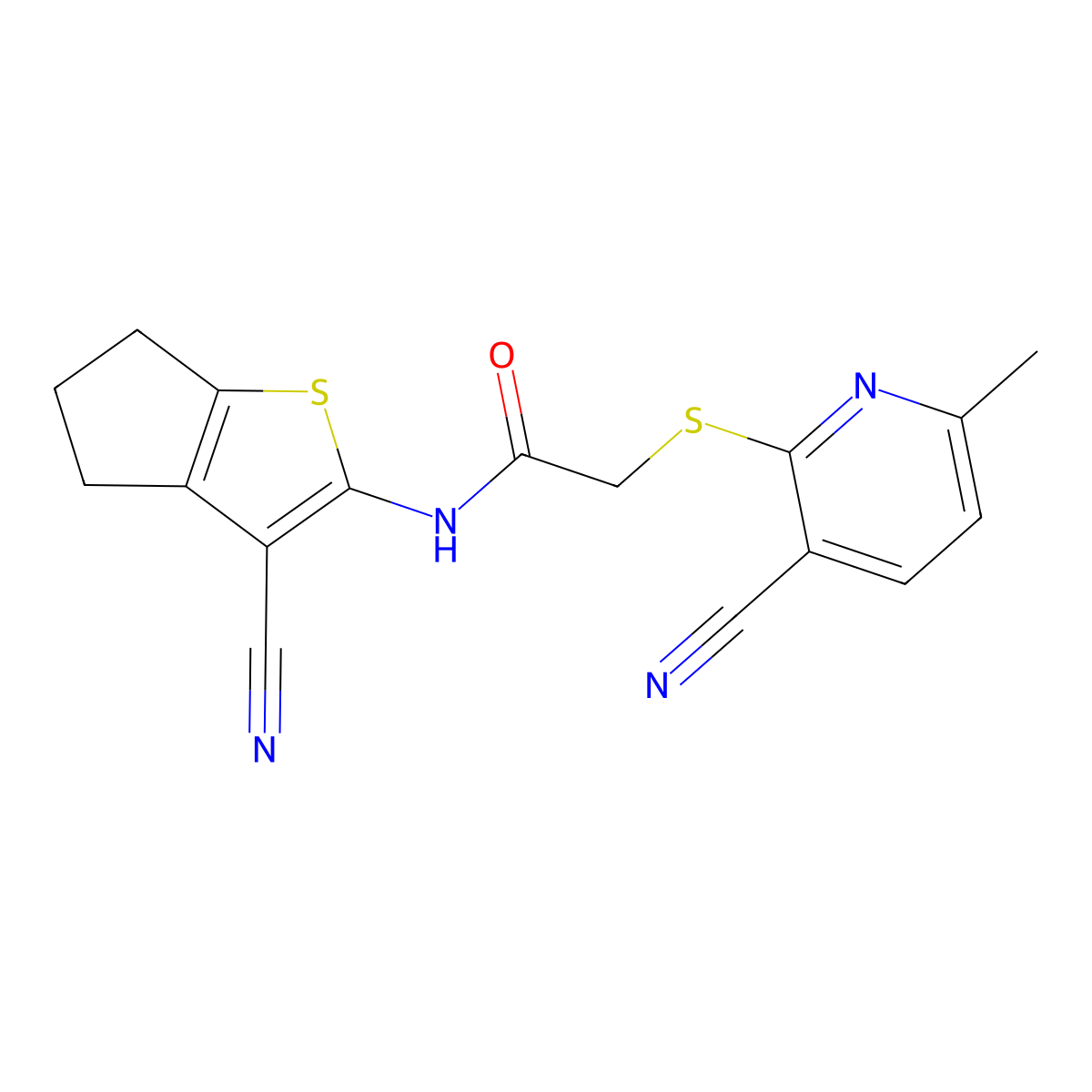 N-(3-cyano-5,6-dihydro-4H-cyclopenta[b]thiophen-2-yl)-2-(3-cyano-6-methylpyridin-2-yl)sulfanylacetamide molecular structure, CAS 445382-94-5