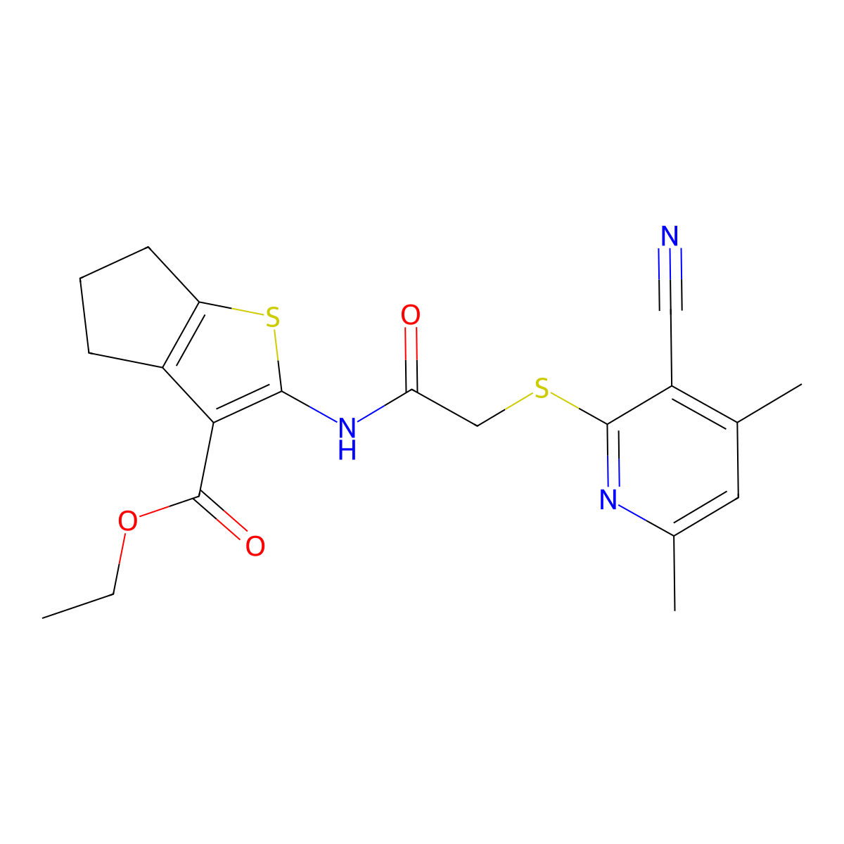 ethyl 2-[[2-(3-cyano-4,6-dimethylpyridin-2-yl)sulfanylacetyl]amino]-5,6-dihydro-4H-cyclopenta[b]thiophene-3-carboxylate molecular structure, CAS 445382-95-6