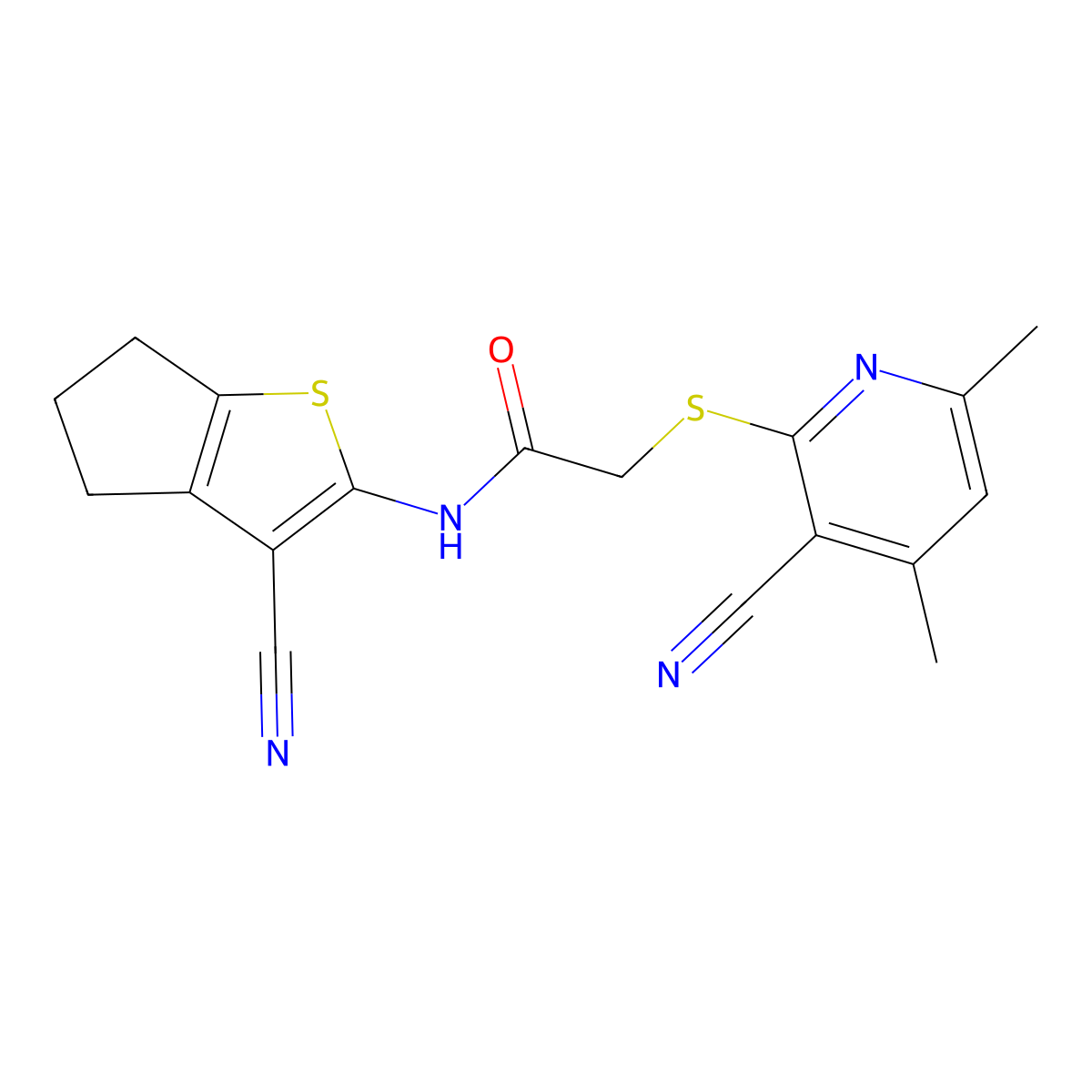 N-(3-cyano-5,6-dihydro-4H-cyclopenta[b]thiophen-2-yl)-2-(3-cyano-4,6-dimethylpyridin-2-yl)sulfanylacetamide molecular structure, CAS 445382-96-7