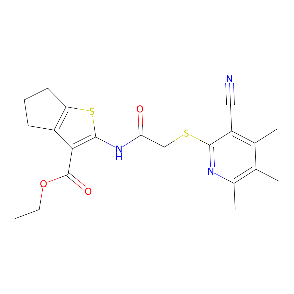 ethyl 2-[[2-(3-cyano-4,5,6-trimethylpyridin-2-yl)sulfanylacetyl]amino]-5,6-dihydro-4H-cyclopenta[b]thiophene-3-carboxylate molecular structure, CAS 445382-98-9