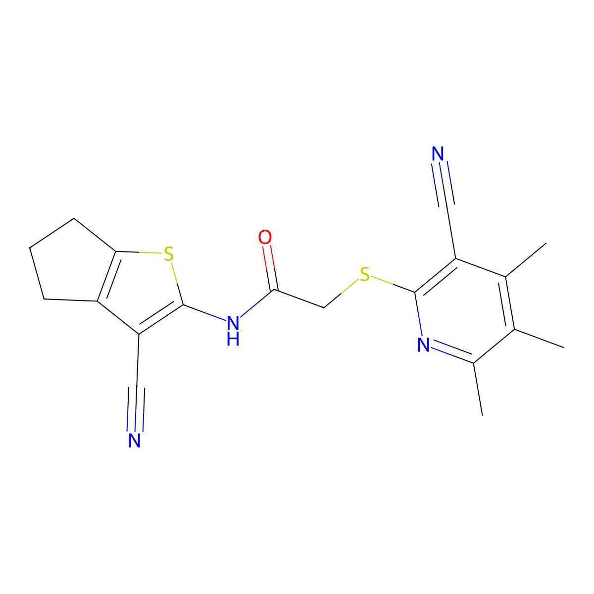 N-(3-cyano-5,6-dihydro-4H-cyclopenta[b]thiophen-2-yl)-2-(3-cyano-4,5,6-trimethylpyridin-2-yl)sulfanylacetamide molecular structure, CAS 445382-99-0