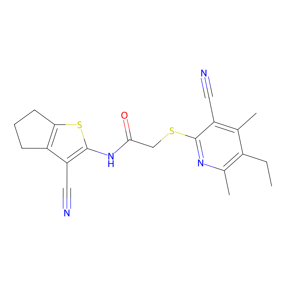 N-(3-cyano-5,6-dihydro-4H-cyclopenta[b]thiophen-2-yl)-2-(3-cyano-5-ethyl-4,6-dimethylpyridin-2-yl)sulfanylacetamide molecular structure, CAS 445383-00-6