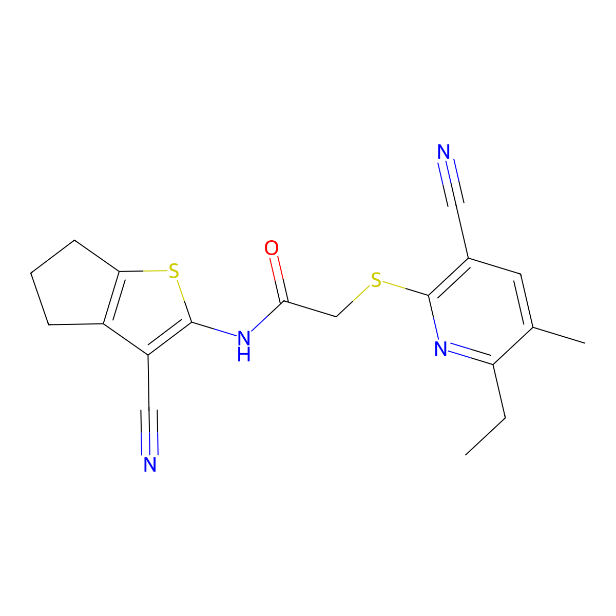 N-(3-cyano-5,6-dihydro-4H-cyclopenta[b]thiophen-2-yl)-2-(3-cyano-6-ethyl-5-methylpyridin-2-yl)sulfanylacetamide molecular structure, CAS 445383-04-0