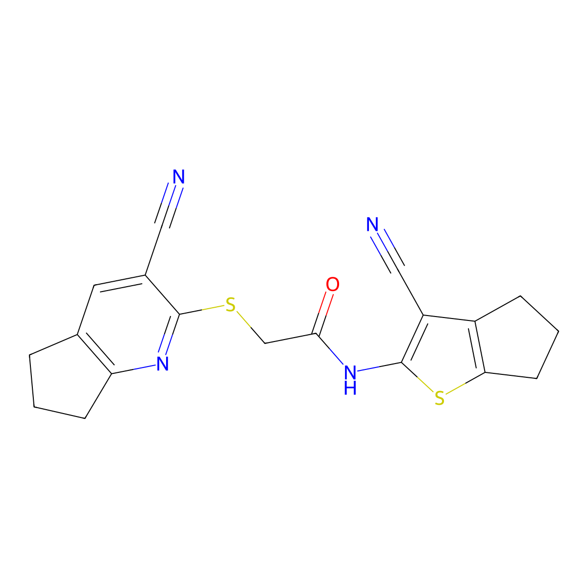 2-[(3-cyano-6,7-dihydro-5H-cyclopenta[b]pyridin-2-yl)sulfanyl]-N-(3-cyano-5,6-dihydro-4H-cyclopenta[b]thiophen-2-yl)acetamide molecular structure, CAS 445383-06-2