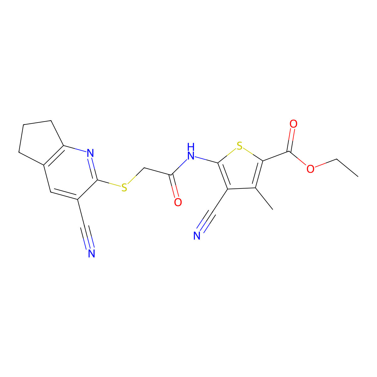 ethyl 4-cyano-5-[[2-[(3-cyano-6,7-dihydro-5H-cyclopenta[b]pyridin-2-yl)sulfanyl]acetyl]amino]-3-methylthiophene-2-carboxylate molecular structure, CAS 445383-07-3