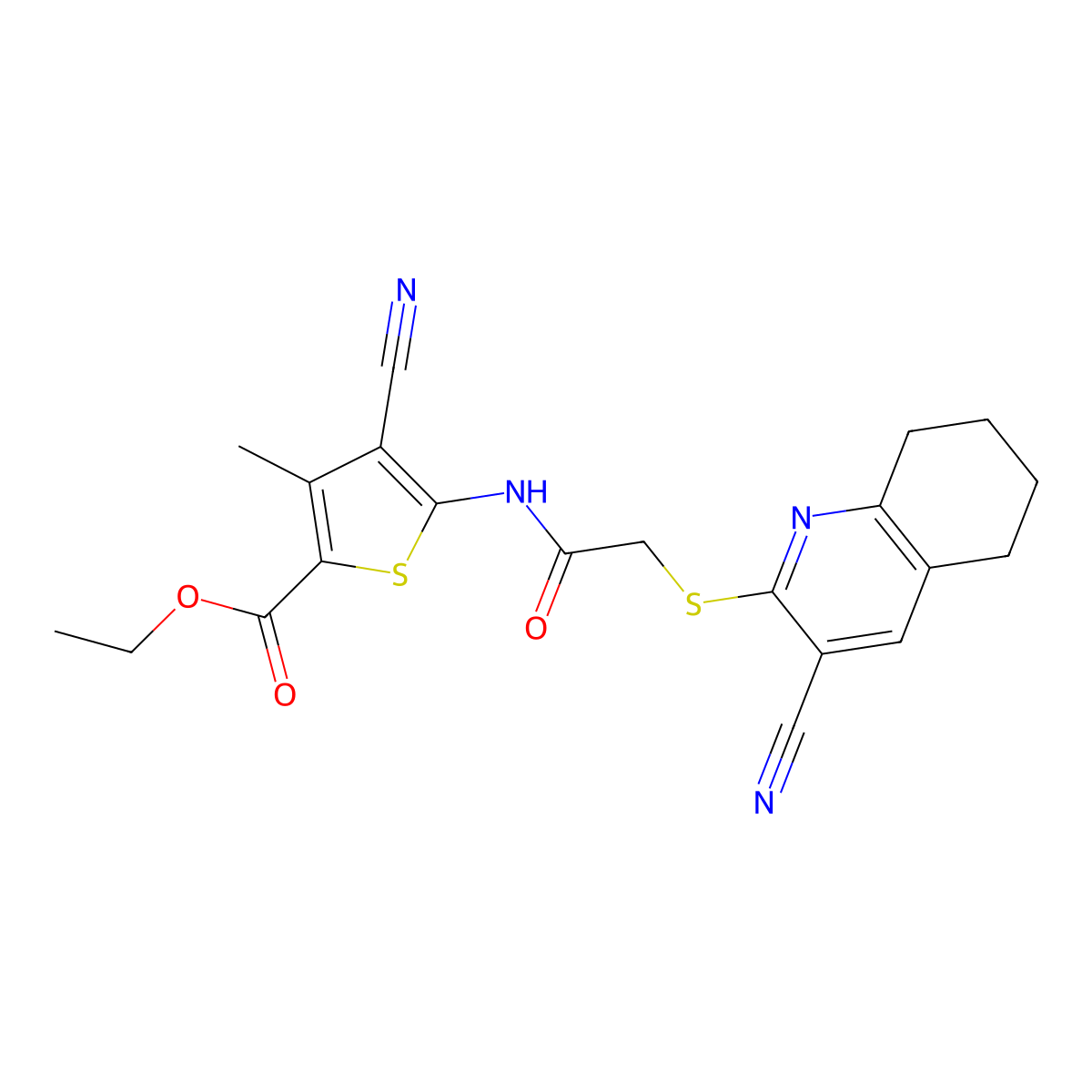 Ethyl 4-cyano-5-[[2-[(3-cyano-5,6,7,8-tetrahydroquinolin-2-yl)sulfanyl]acetyl]amino]-3-methylthiophene-2-carboxylate molecular structure, CAS 445383-10-8
