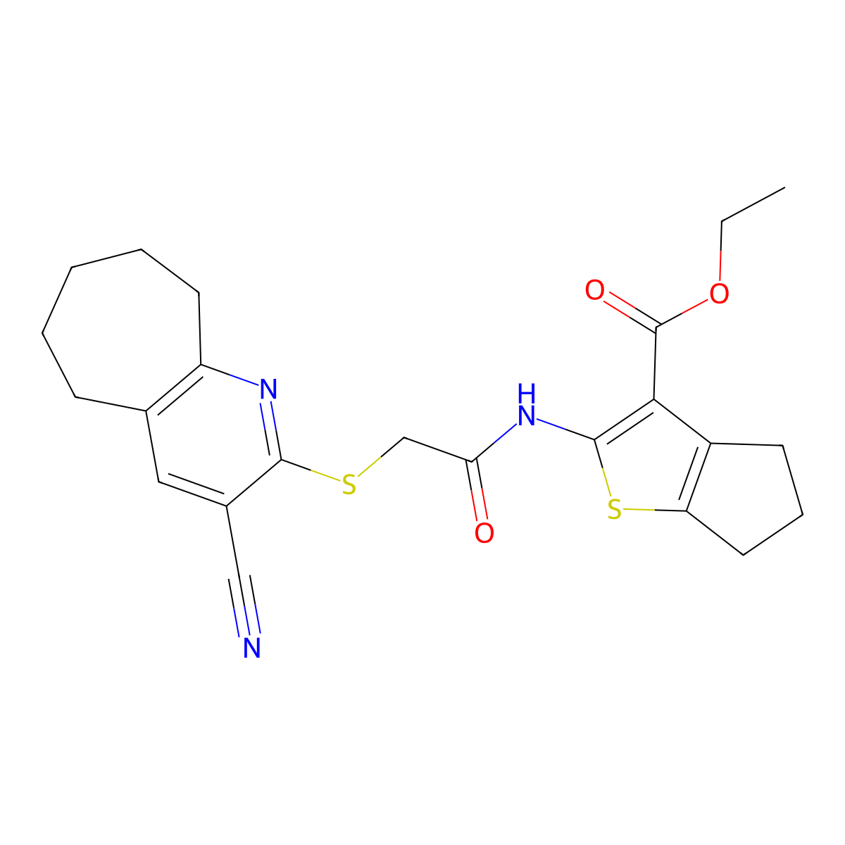 ethyl 2-[[2-[(3-cyano-6,7,8,9-tetrahydro-5H-cyclohepta[b]pyridin-2-yl)sulfanyl]acetyl]amino]-5,6-dihydro-4H-cyclopenta[b]thiophene-3-carboxylate molecular structure, CAS 445383-11-9