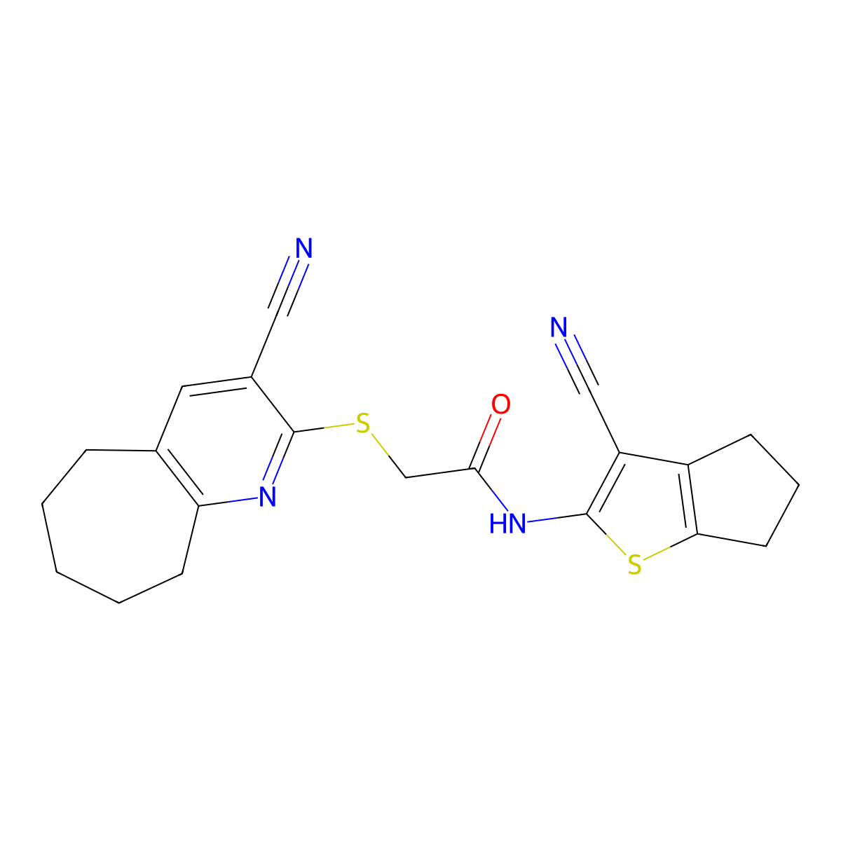 N-(3-cyano-5,6-dihydro-4H-cyclopenta[b]thiophen-2-yl)-2-[(3-cyano-6,7,8,9-tetrahydro-5H-cyclohepta[b]pyridin-2-yl)sulfanyl]acetamide molecular structure, CAS 445383-12-0