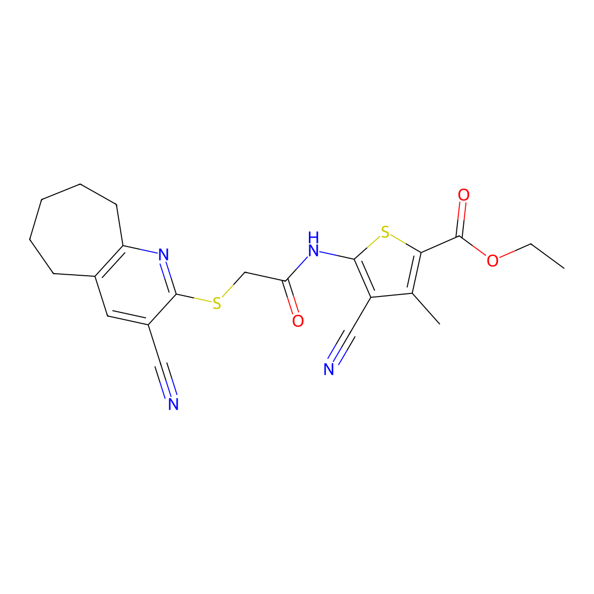 ethyl 4-cyano-5-[[2-[(3-cyano-6,7,8,9-tetrahydro-5H-cyclohepta[b]pyridin-2-yl)sulfanyl]acetyl]amino]-3-methylthiophene-2-carboxylate molecular structure, CAS 445383-13-1