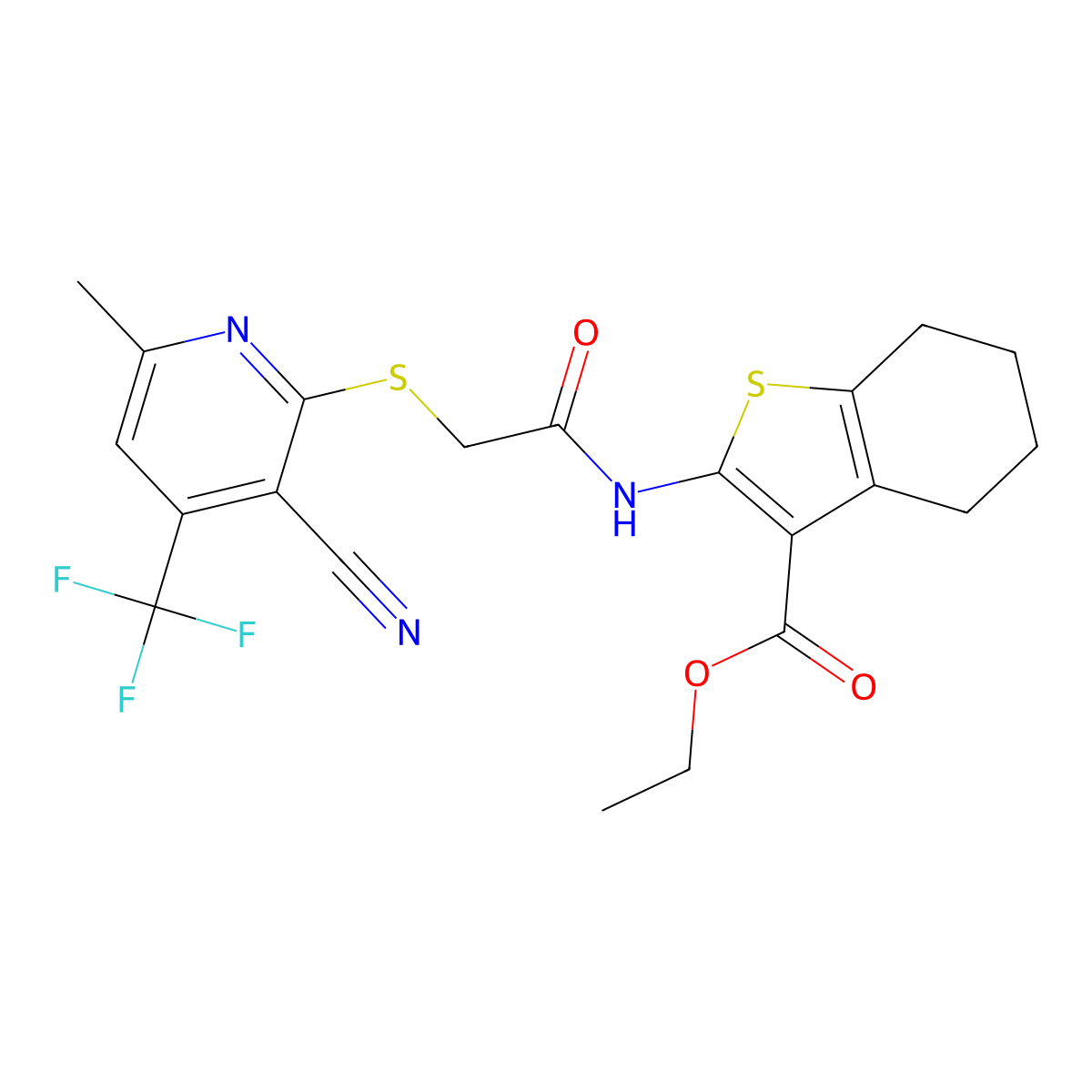 Ethyl 2-[[2-[3-cyano-6-methyl-4-(trifluoromethyl)pyridin-2-yl]sulfanylacetyl]amino]-4,5,6,7-tetrahydro-1-benzothiophene-3-carboxylate molecular structure, CAS 445383-14-2