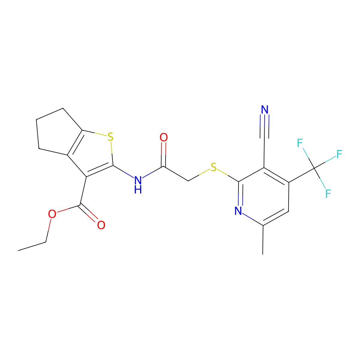 ethyl 2-[[2-[3-cyano-6-methyl-4-(trifluoromethyl)pyridin-2-yl]sulfanylacetyl]amino]-5,6-dihydro-4H-cyclopenta[b]thiophene-3-carboxylate molecular structure, CAS 445383-15-3