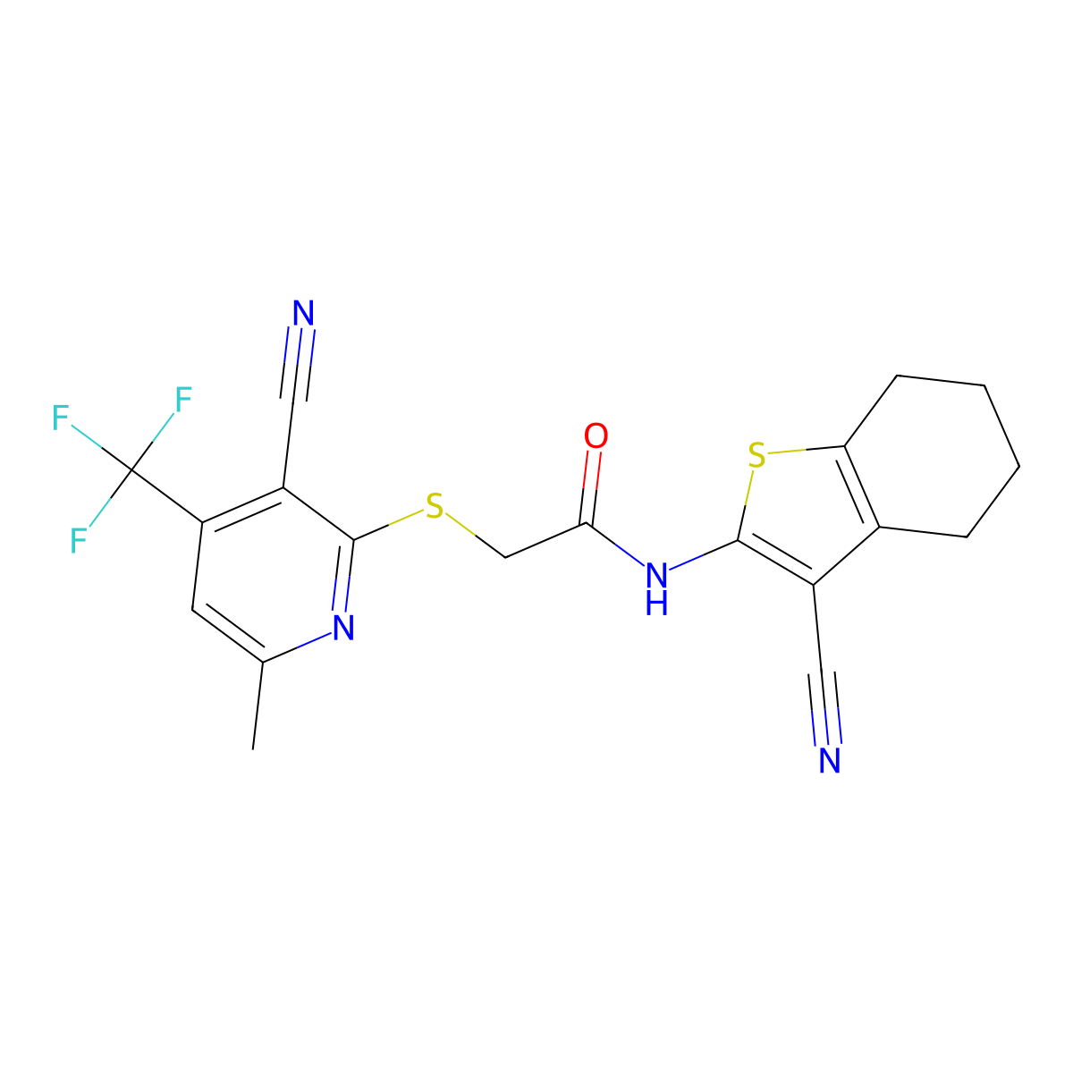 2-[3-cyano-6-methyl-4-(trifluoromethyl)pyridin-2-yl]sulfanyl-N-(3-cyano-4,5,6,7-tetrahydro-1-benzothiophen-2-yl)acetamide molecular structure, CAS 445383-16-4