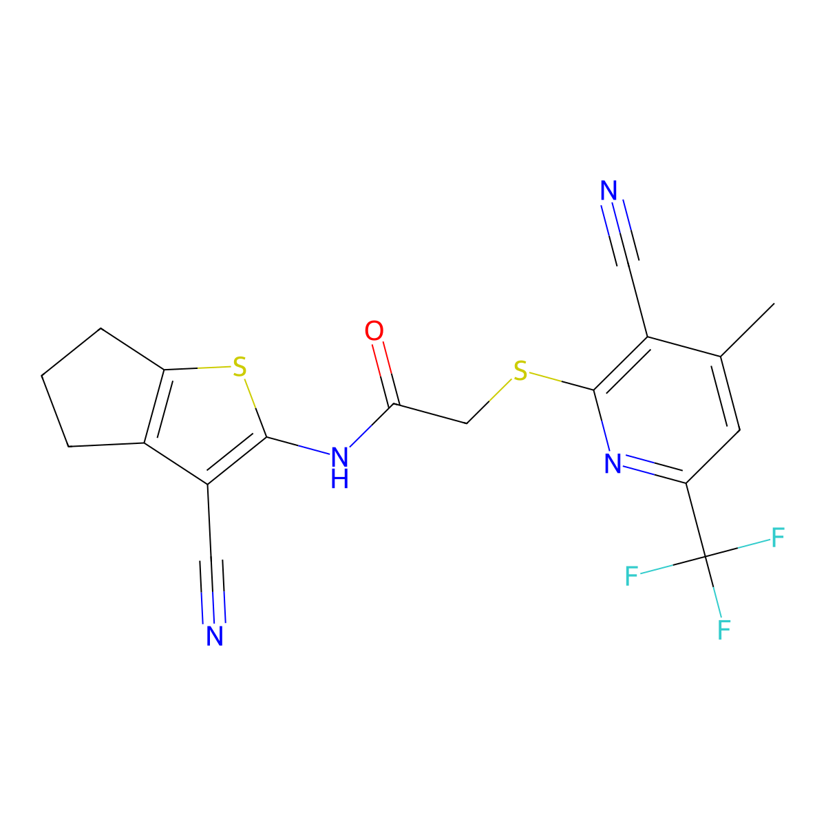 N-(3-cyano-5,6-dihydro-4H-cyclopenta[b]thiophen-2-yl)-2-[3-cyano-4-methyl-6-(trifluoromethyl)pyridin-2-yl]sulfanylacetamide molecular structure, CAS 445383-19-7