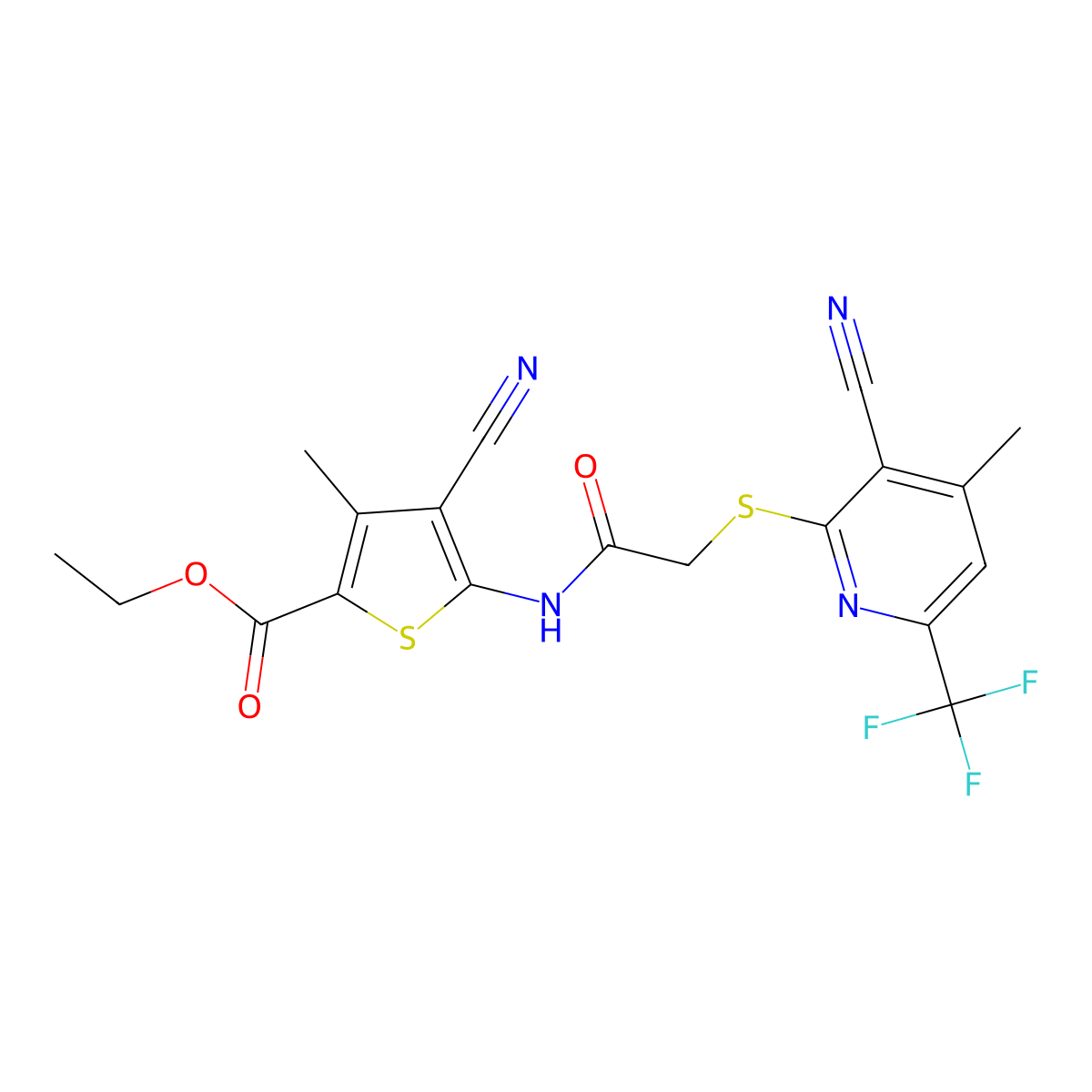 Ethyl 4-cyano-5-[[2-[3-cyano-4-methyl-6-(trifluoromethyl)pyridin-2-yl]sulfanylacetyl]amino]-3-methylthiophene-2-carboxylate molecular structure, CAS 445383-21-1