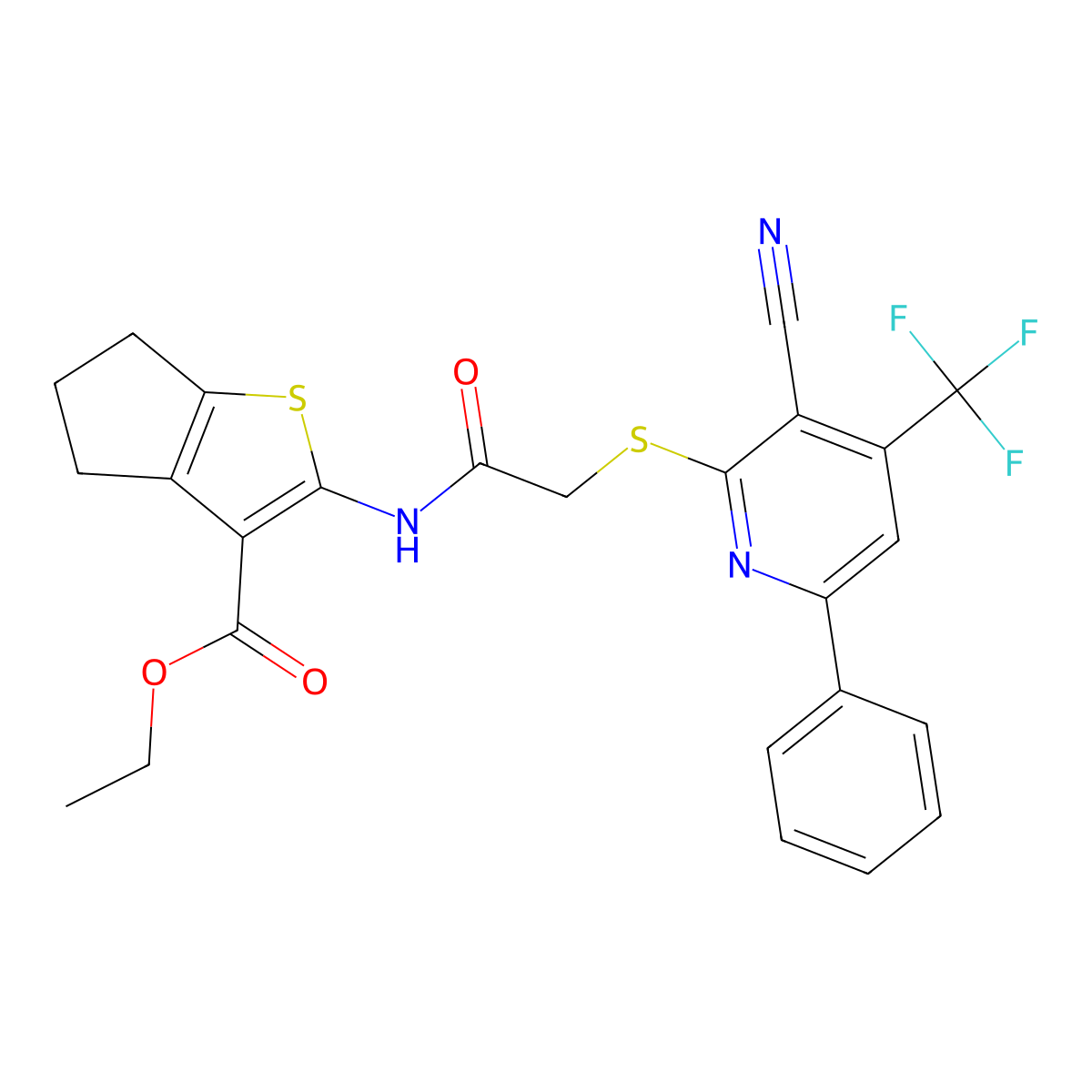 ethyl 2-[[2-[3-cyano-6-phenyl-4-(trifluoromethyl)pyridin-2-yl]sulfanylacetyl]amino]-5,6-dihydro-4H-cyclopenta[b]thiophene-3-carboxylate molecular structure, CAS 445383-22-2