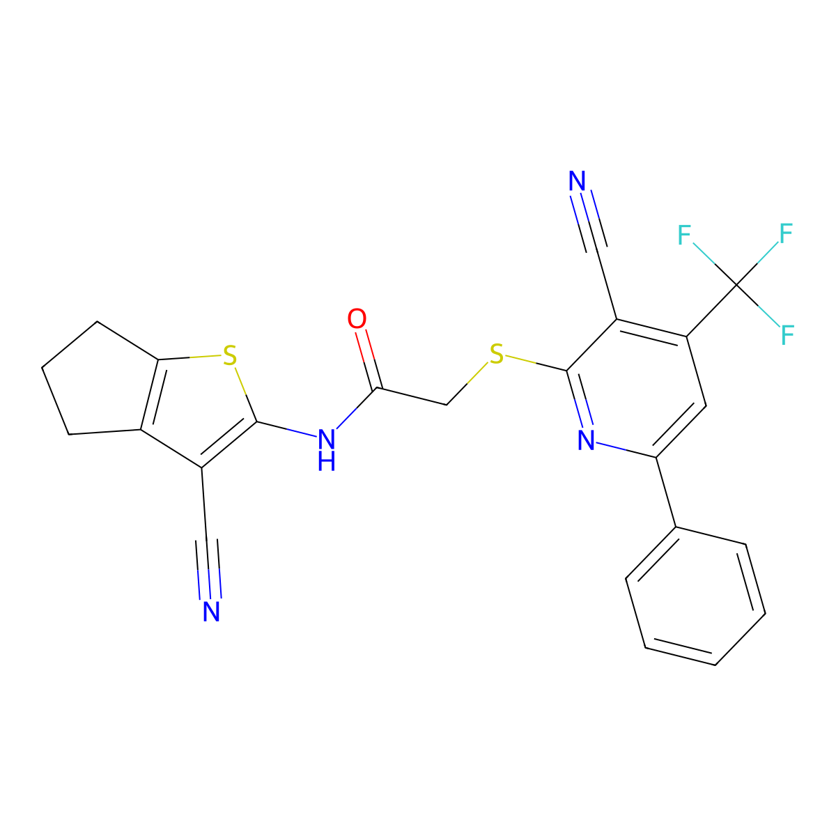 N-(3-cyano-5,6-dihydro-4H-cyclopenta[b]thiophen-2-yl)-2-[3-cyano-6-phenyl-4-(trifluoromethyl)pyridin-2-yl]sulfanylacetamide molecular structure, CAS 445383-23-3