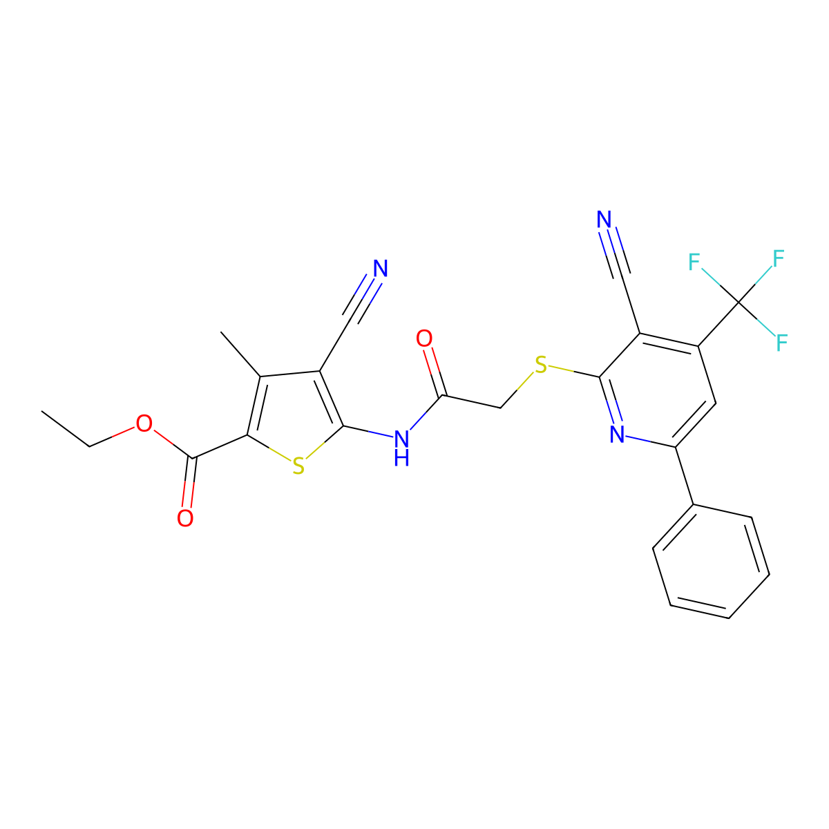 Ethyl 4-cyano-5-[[2-[3-cyano-6-phenyl-4-(trifluoromethyl)pyridin-2-yl]sulfanylacetyl]amino]-3-methylthiophene-2-carboxylate molecular structure, CAS 445383-24-4