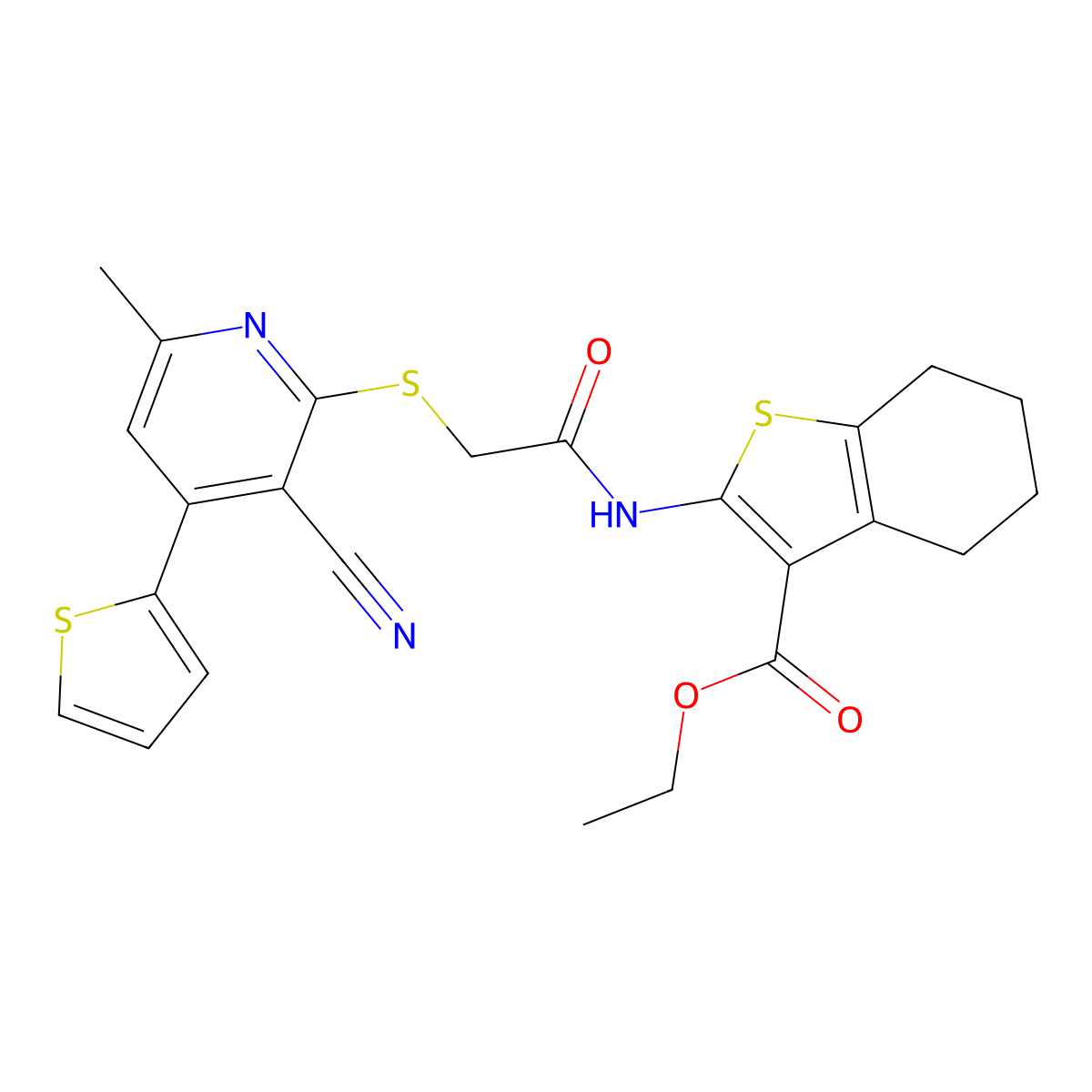 Ethyl 2-[[2-(3-cyano-6-methyl-4-thiophen-2-ylpyridin-2-yl)sulfanylacetyl]amino]-4,5,6,7-tetrahydro-1-benzothiophene-3-carboxylate molecular structure, CAS 445383-25-5
