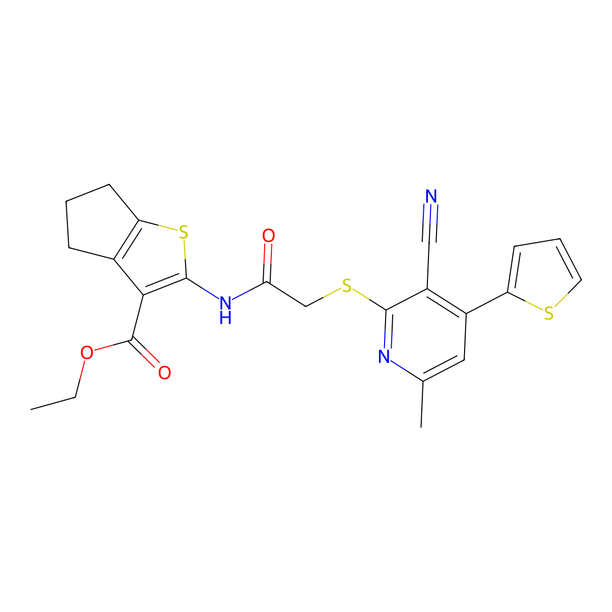 ethyl 2-[[2-(3-cyano-6-methyl-4-thiophen-2-ylpyridin-2-yl)sulfanylacetyl]amino]-5,6-dihydro-4H-cyclopenta[b]thiophene-3-carboxylate molecular structure, CAS 445383-26-6