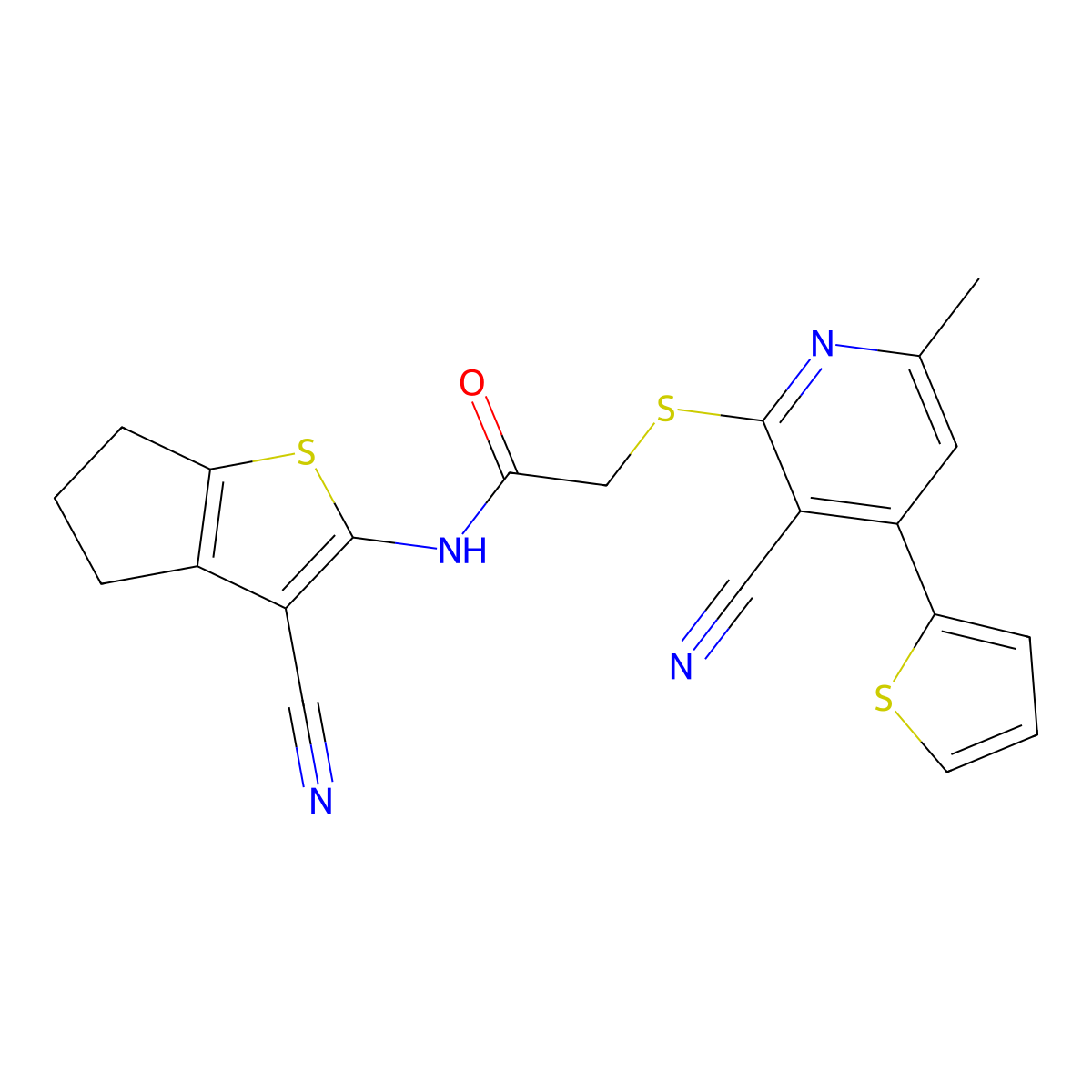 N-(3-cyano-5,6-dihydro-4H-cyclopenta[b]thiophen-2-yl)-2-(3-cyano-6-methyl-4-thiophen-2-ylpyridin-2-yl)sulfanylacetamide molecular structure, CAS 445383-27-7