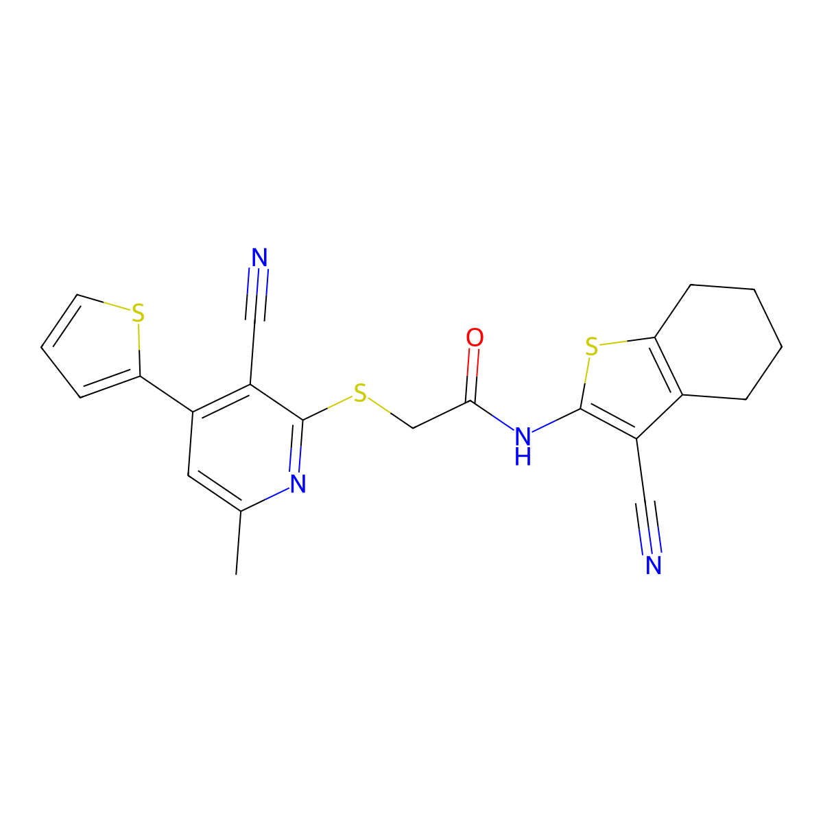 2-(3-cyano-6-methyl-4-thiophen-2-ylpyridin-2-yl)sulfanyl-N-(3-cyano-4,5,6,7-tetrahydro-1-benzothiophen-2-yl)acetamide molecular structure, CAS 445383-28-8