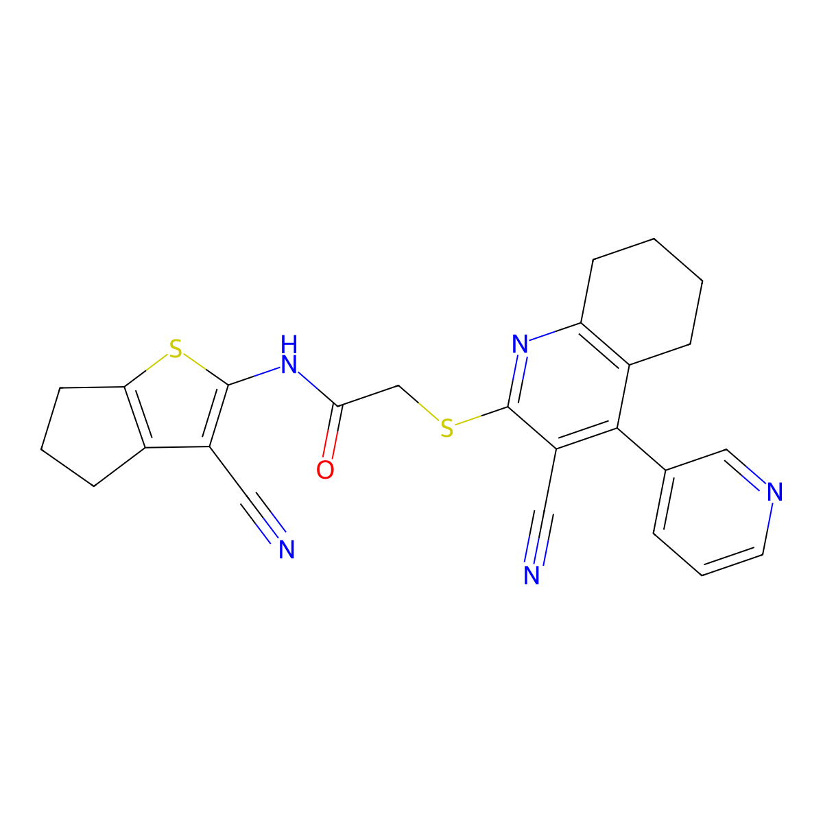 N-(3-cyano-5,6-dihydro-4H-cyclopenta[b]thiophen-2-yl)-2-[(3-cyano-4-pyridin-3-yl-5,6,7,8-tetrahydroquinolin-2-yl)sulfanyl]acetamide molecular structure, CAS 445383-29-9
