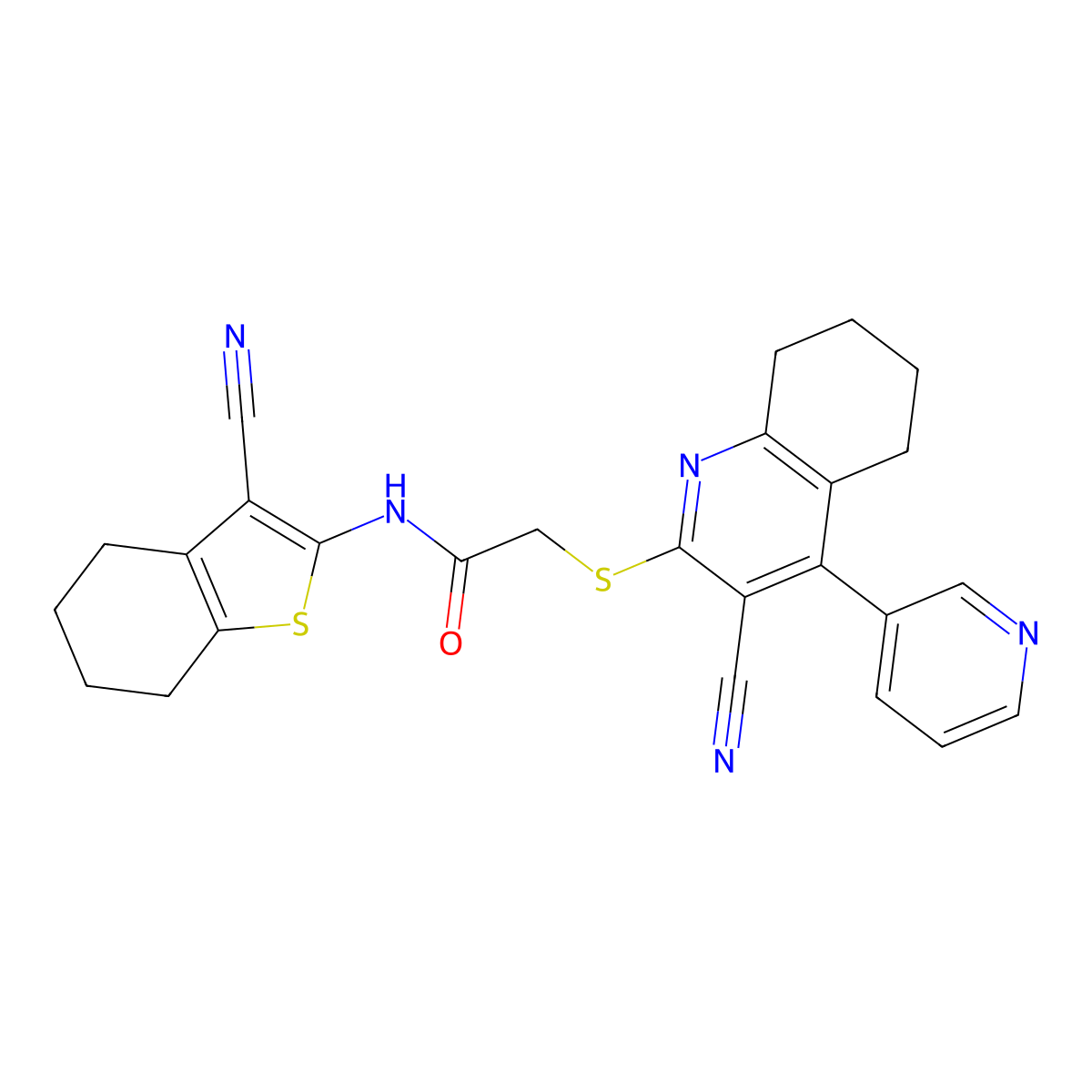 2-[(3-cyano-4-pyridin-3-yl-5,6,7,8-tetrahydroquinolin-2-yl)sulfanyl]-N-(3-cyano-4,5,6,7-tetrahydro-1-benzothiophen-2-yl)acetamide molecular structure, CAS 445383-30-2