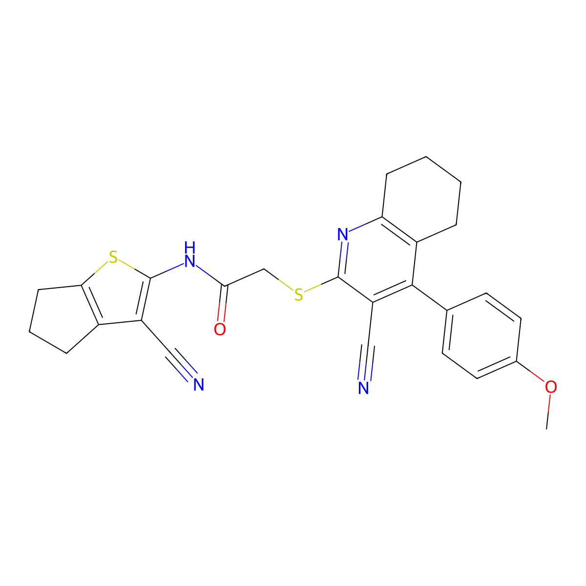 N-(3-cyano-5,6-dihydro-4H-cyclopenta[b]thiophen-2-yl)-2-[[3-cyano-4-(4-methoxyphenyl)-5,6,7,8-tetrahydroquinolin-2-yl]sulfanyl]acetamide molecular structure, CAS 445383-31-3