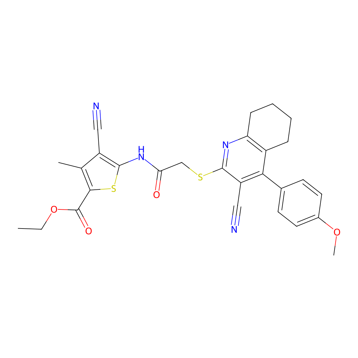 Ethyl 4-cyano-5-[[2-[[3-cyano-4-(4-methoxyphenyl)-5,6,7,8-tetrahydroquinolin-2-yl]sulfanyl]acetyl]amino]-3-methylthiophene-2-carboxylate molecular structure, CAS 445383-32-4