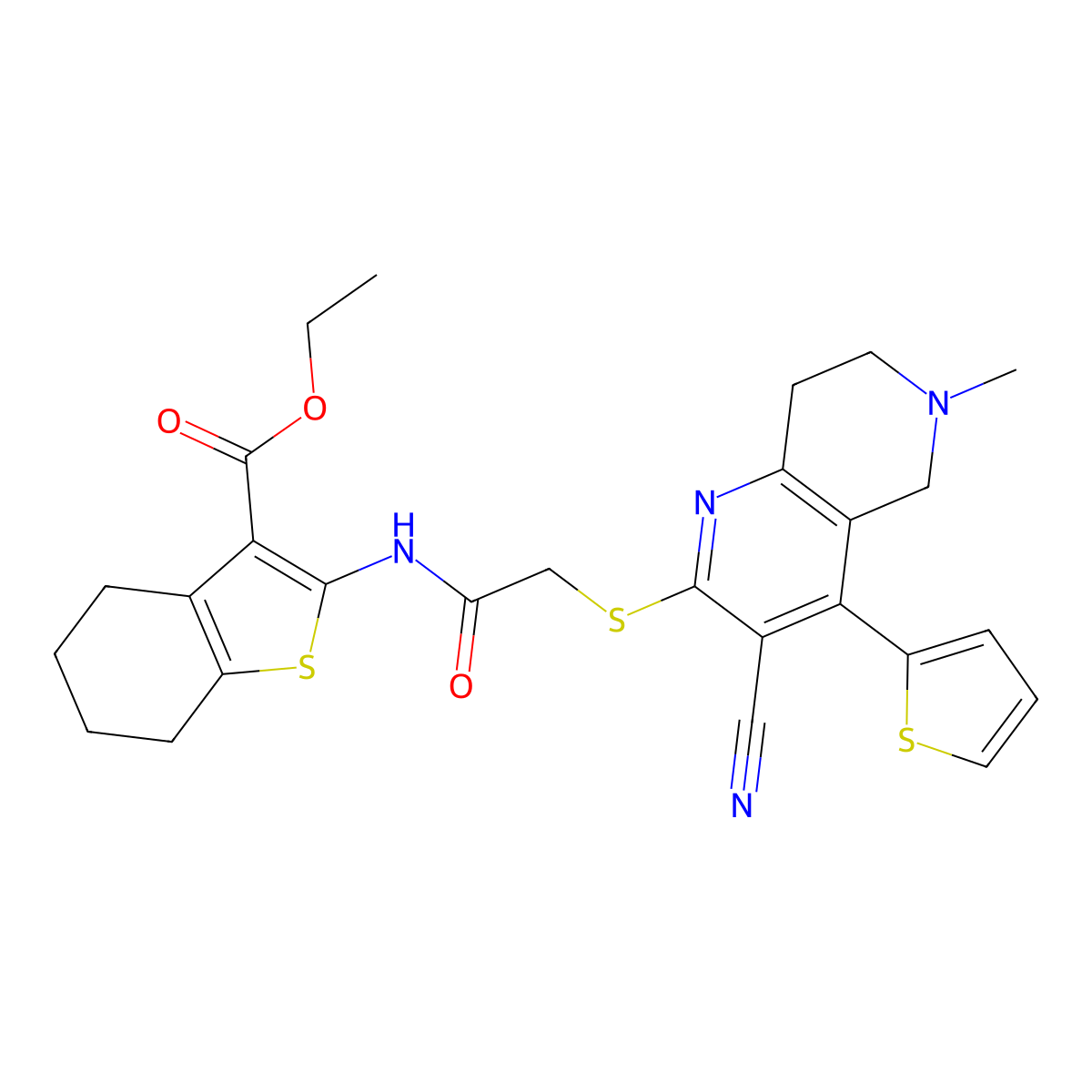 ethyl 2-[[2-[(3-cyano-6-methyl-4-thiophen-2-yl-7,8-dihydro-5H-1,6-naphthyridin-2-yl)sulfanyl]acetyl]amino]-4,5,6,7-tetrahydro-1-benzothiophene-3-carboxylate molecular structure, CAS 445383-33-5