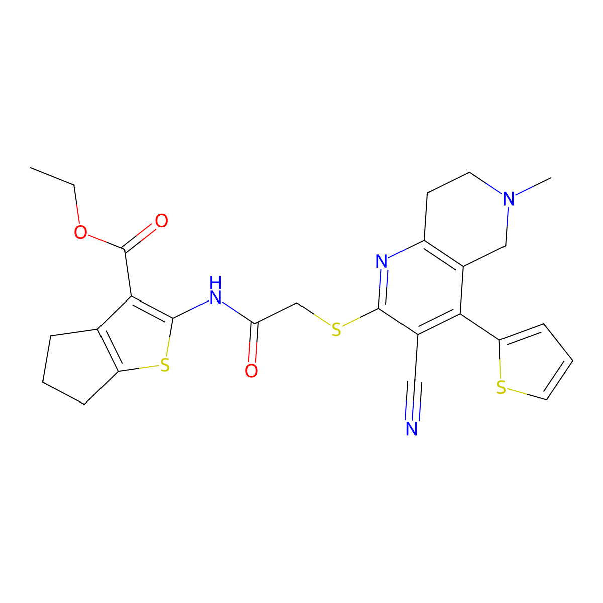 ethyl 2-[[2-[(3-cyano-6-methyl-4-thiophen-2-yl-7,8-dihydro-5H-1,6-naphthyridin-2-yl)sulfanyl]acetyl]amino]-5,6-dihydro-4H-cyclopenta[b]thiophene-3-carboxylate molecular structure, CAS 445383-34-6