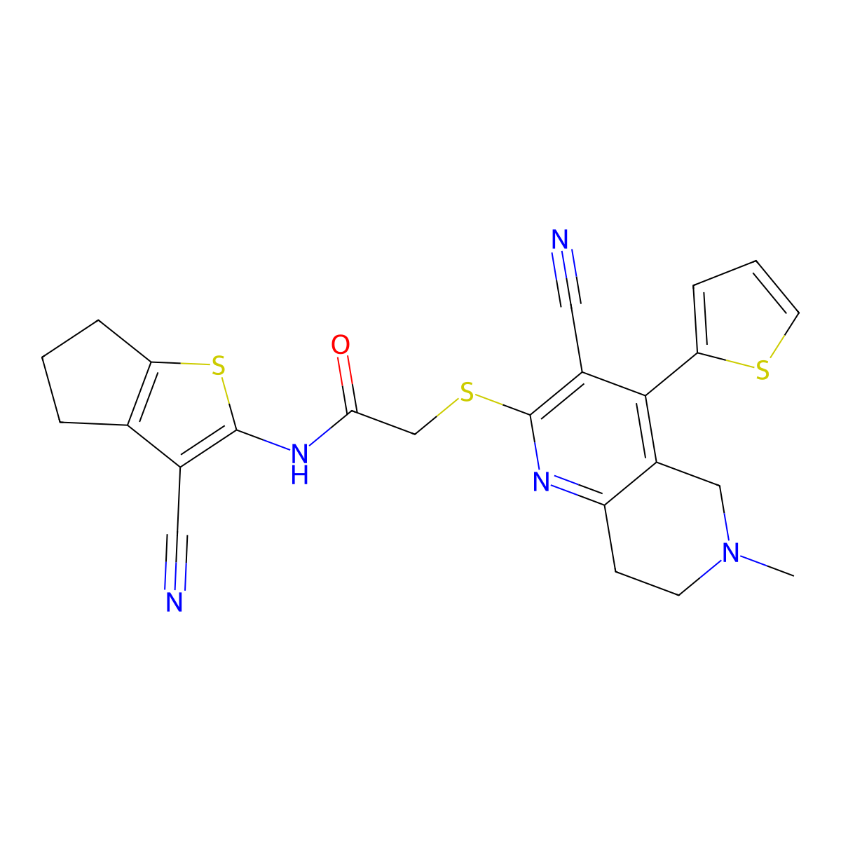 N-(3-cyano-5,6-dihydro-4H-cyclopenta[b]thiophen-2-yl)-2-[(3-cyano-6-methyl-4-thiophen-2-yl-7,8-dihydro-5H-1,6-naphthyridin-2-yl)sulfanyl]acetamide molecular structure, CAS 445383-35-7