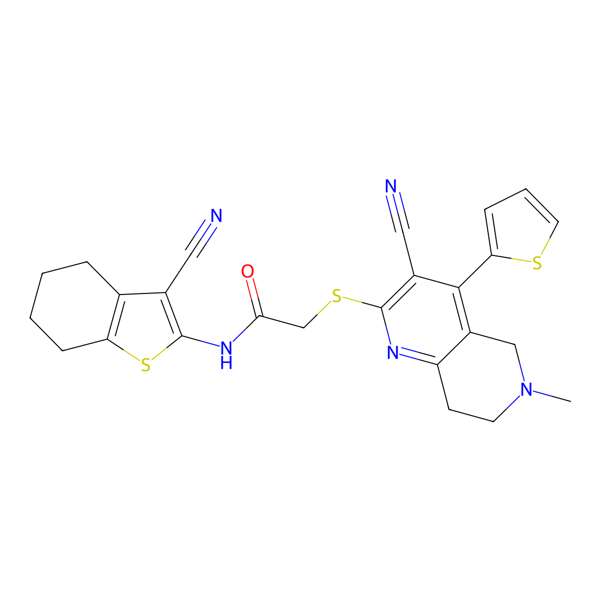 2-[(3-cyano-6-methyl-4-thiophen-2-yl-7,8-dihydro-5H-1,6-naphthyridin-2-yl)sulfanyl]-N-(3-cyano-4,5,6,7-tetrahydro-1-benzothiophen-2-yl)acetamide molecular structure, CAS 445383-36-8