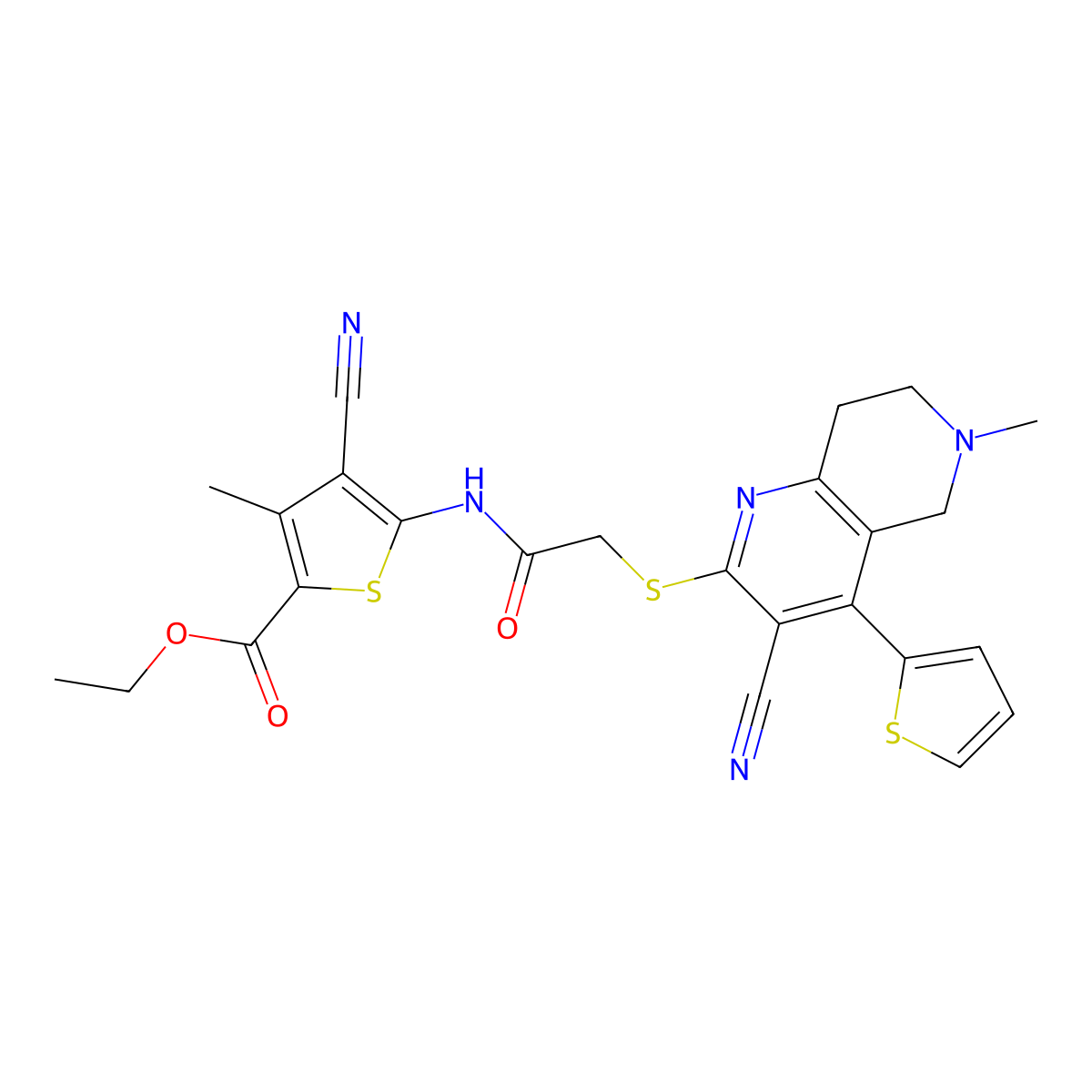 ethyl 4-cyano-5-[[2-[(3-cyano-6-methyl-4-thiophen-2-yl-7,8-dihydro-5H-1,6-naphthyridin-2-yl)sulfanyl]acetyl]amino]-3-methylthiophene-2-carboxylate molecular structure, CAS 445383-37-9
