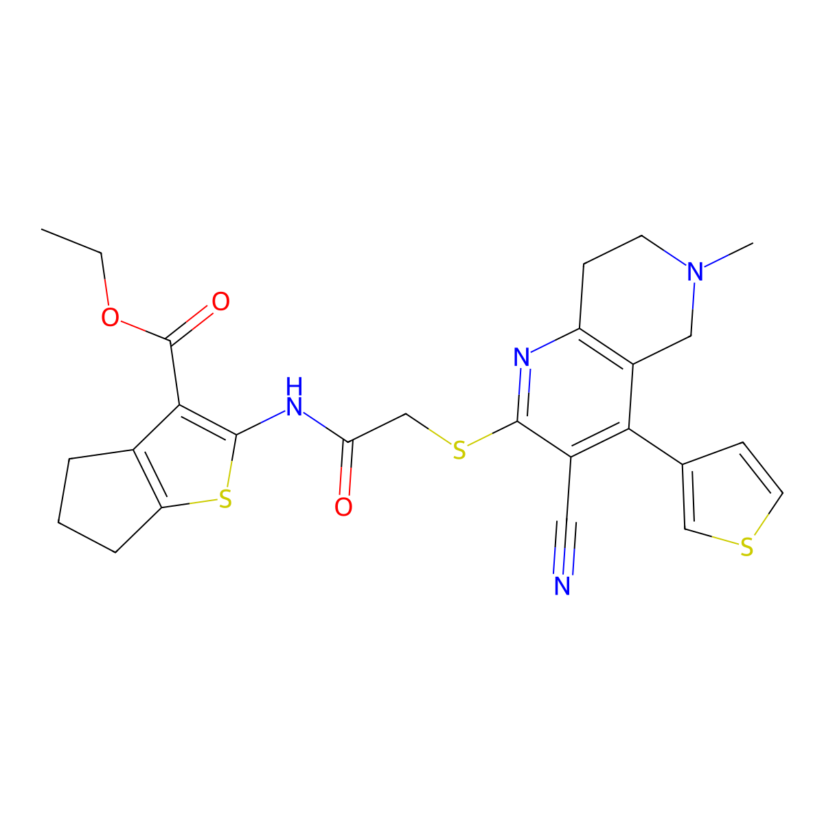 ethyl 2-[[2-[(3-cyano-6-methyl-4-thiophen-3-yl-7,8-dihydro-5H-1,6-naphthyridin-2-yl)sulfanyl]acetyl]amino]-5,6-dihydro-4H-cyclopenta[b]thiophene-3-carboxylate molecular structure, CAS 445383-38-0