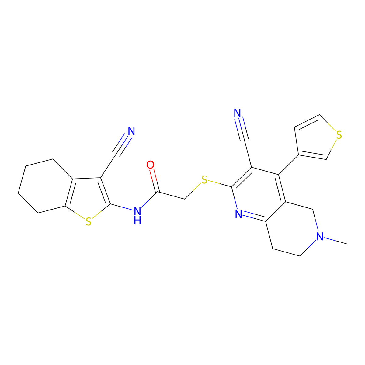 2-[(3-cyano-6-methyl-4-thiophen-3-yl-7,8-dihydro-5H-1,6-naphthyridin-2-yl)sulfanyl]-N-(3-cyano-4,5,6,7-tetrahydro-1-benzothiophen-2-yl)acetamide molecular structure, CAS 445383-39-1