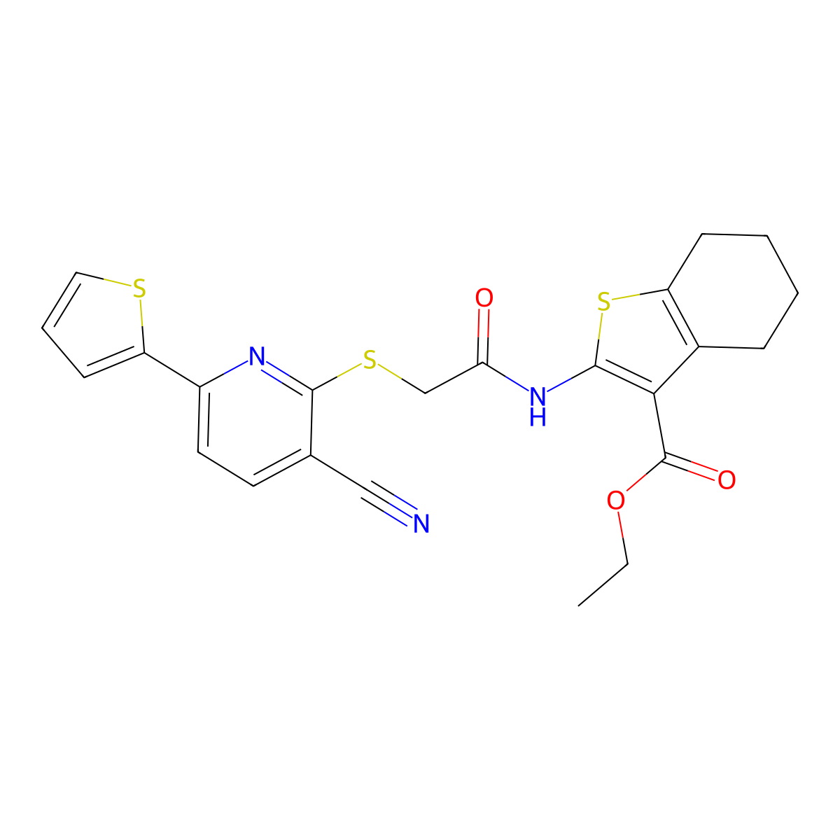 Ethyl 2-[[2-(3-cyano-6-thiophen-2-ylpyridin-2-yl)sulfanylacetyl]amino]-4,5,6,7-tetrahydro-1-benzothiophene-3-carboxylate molecular structure, CAS 445383-42-6
