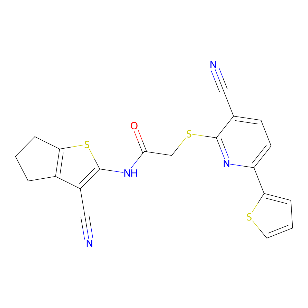 N-(3-cyano-5,6-dihydro-4H-cyclopenta[b]thiophen-2-yl)-2-(3-cyano-6-thiophen-2-ylpyridin-2-yl)sulfanylacetamide molecular structure, CAS 445383-43-7