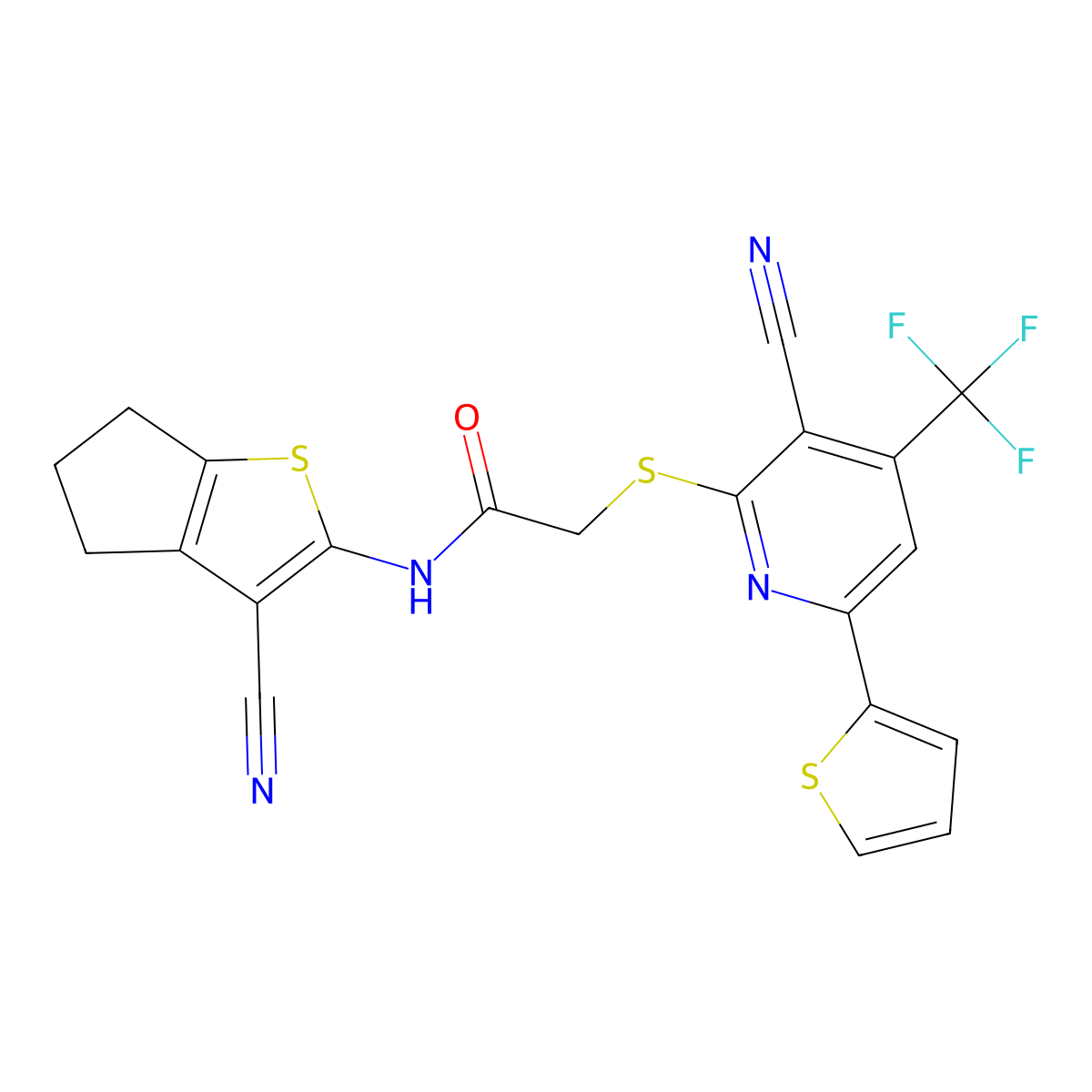 N-(3-cyano-5,6-dihydro-4H-cyclopenta[b]thiophen-2-yl)-2-[3-cyano-6-thiophen-2-yl-4-(trifluoromethyl)pyridin-2-yl]sulfanylacetamide molecular structure, CAS 445383-44-8