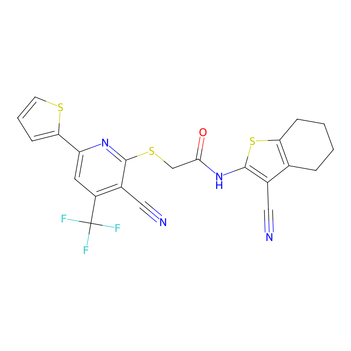 N-(3-cyano-4,5,6,7-tetrahydro-1-benzothiophen-2-yl)-2-[3-cyano-6-thiophen-2-yl-4-(trifluoromethyl)pyridin-2-yl]sulfanylacetamide molecular structure, CAS 445383-45-9