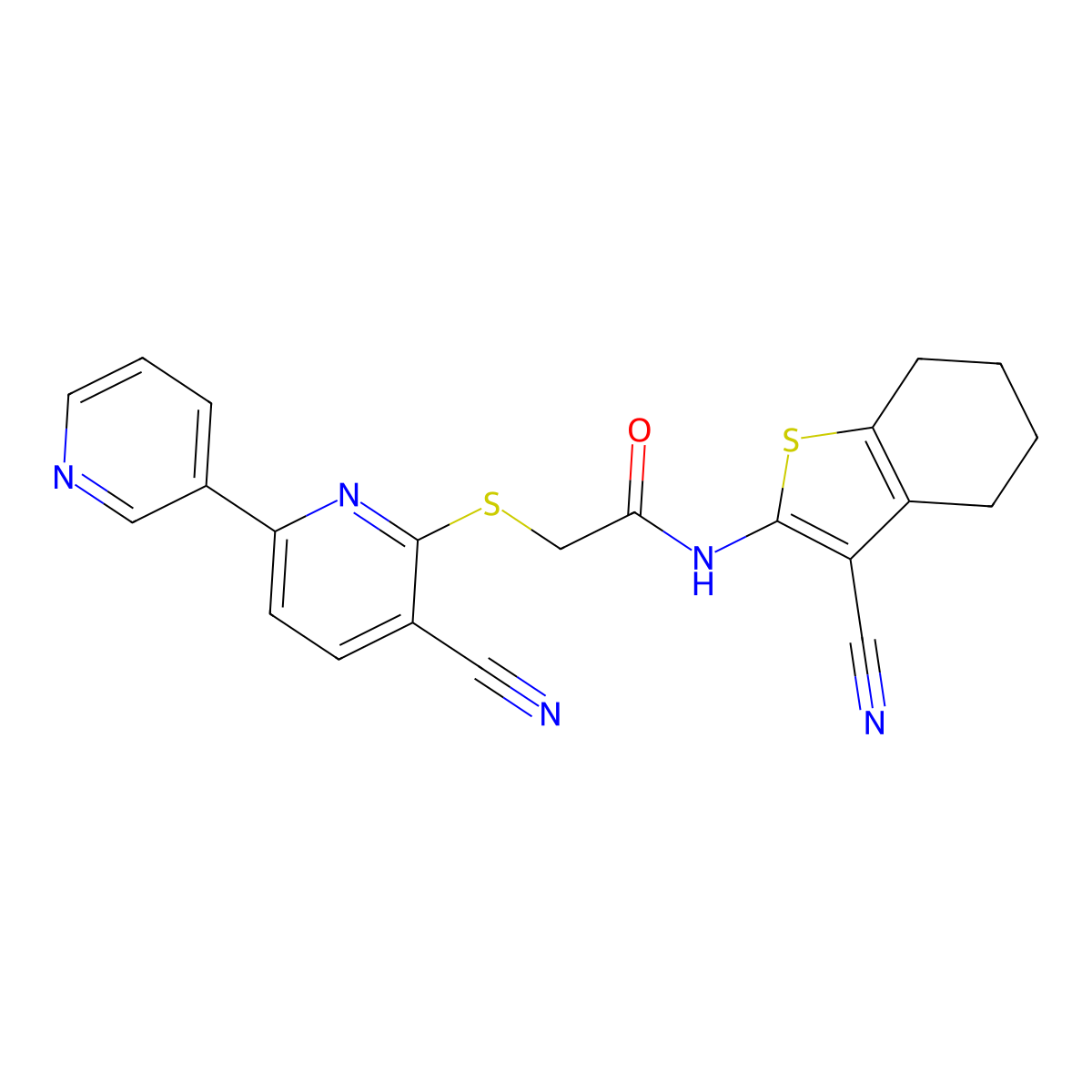 2-(3-cyano-6-pyridin-3-ylpyridin-2-yl)sulfanyl-N-(3-cyano-4,5,6,7-tetrahydro-1-benzothiophen-2-yl)acetamide molecular structure, CAS 445383-46-0