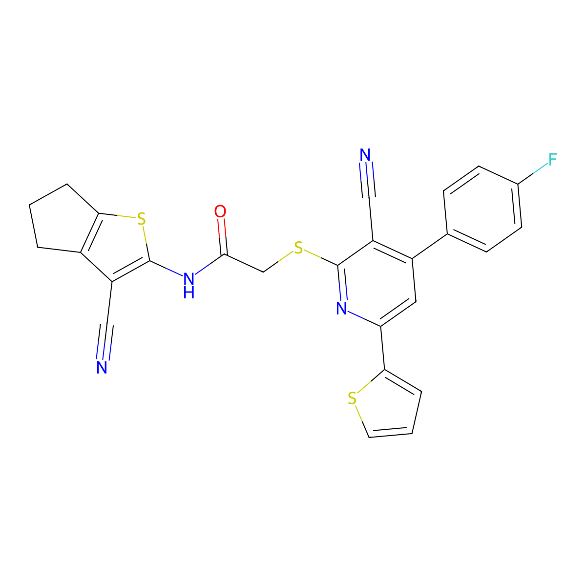 N-(3-cyano-5,6-dihydro-4H-cyclopenta[b]thiophen-2-yl)-2-[3-cyano-4-(4-fluorophenyl)-6-thiophen-2-ylpyridin-2-yl]sulfanylacetamide molecular structure, CAS 445383-49-3