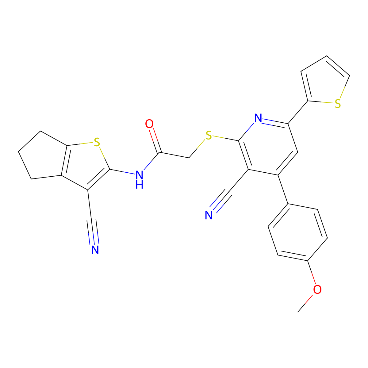 N-(3-cyano-5,6-dihydro-4H-cyclopenta[b]thiophen-2-yl)-2-[3-cyano-4-(4-methoxyphenyl)-6-thiophen-2-ylpyridin-2-yl]sulfanylacetamide molecular structure, CAS 445383-51-7