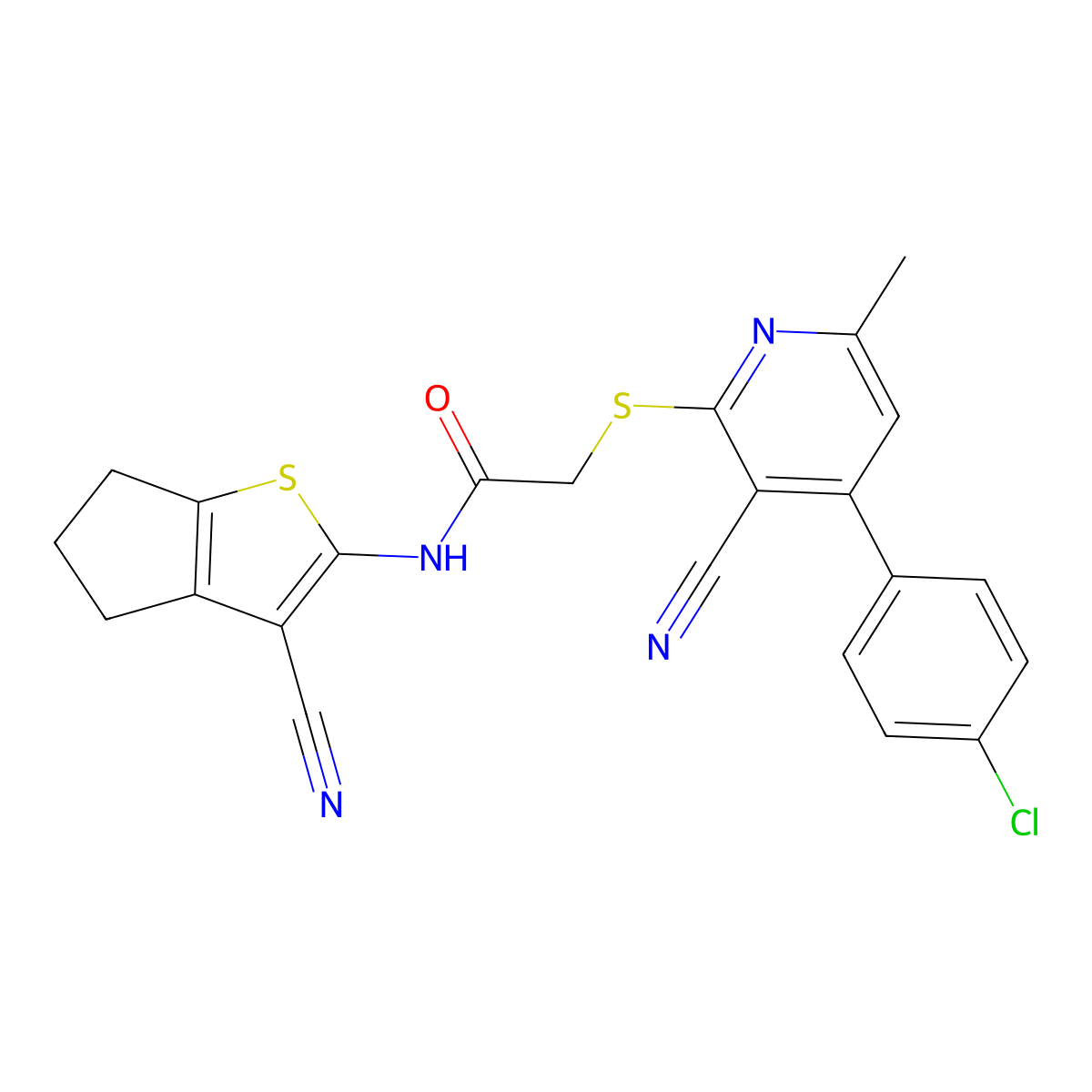 2-[4-(4-chlorophenyl)-3-cyano-6-methylpyridin-2-yl]sulfanyl-N-(3-cyano-5,6-dihydro-4H-cyclopenta[b]thiophen-2-yl)acetamide molecular structure, CAS 445383-57-3