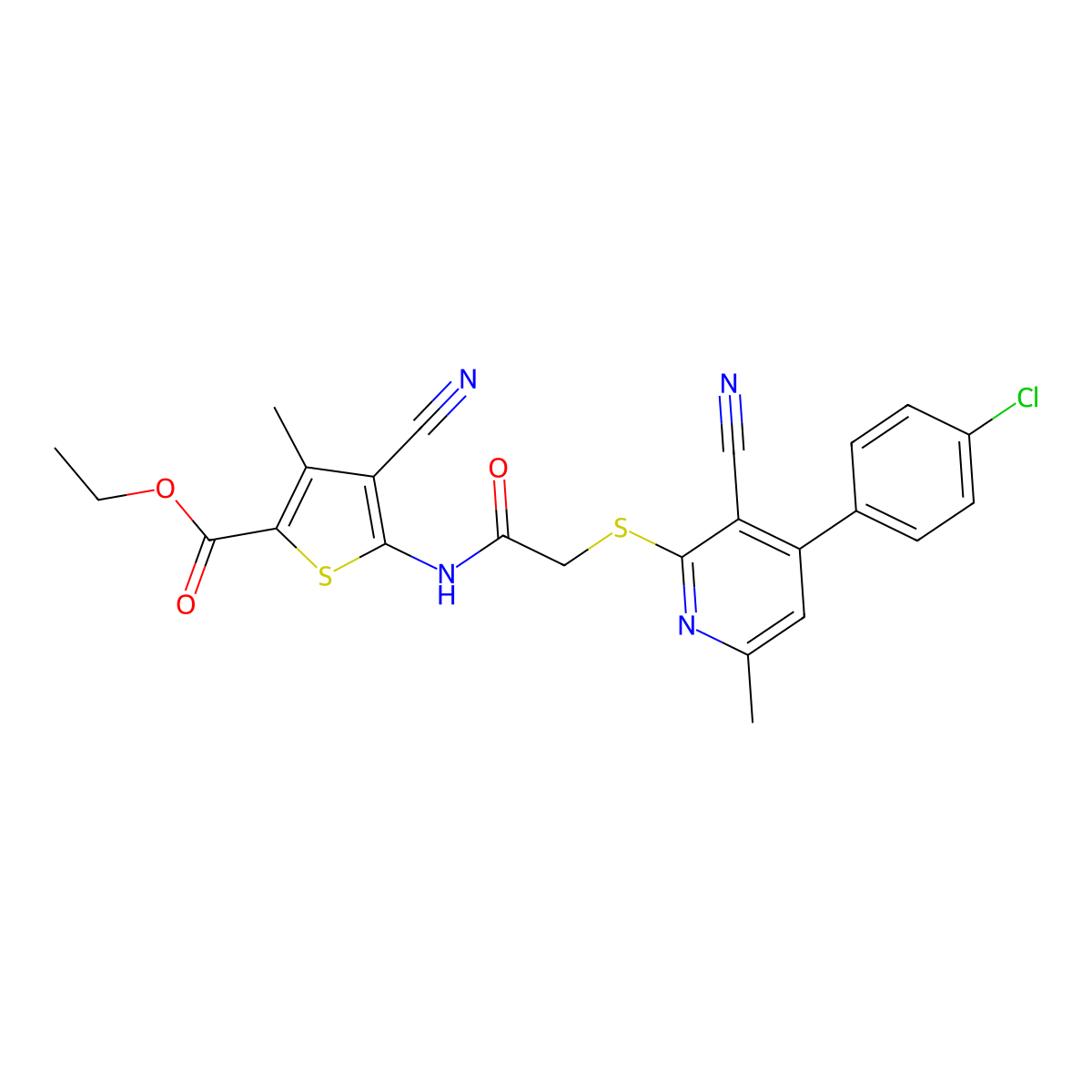 Ethyl 5-[[2-[4-(4-chlorophenyl)-3-cyano-6-methylpyridin-2-yl]sulfanylacetyl]amino]-4-cyano-3-methylthiophene-2-carboxylate molecular structure, CAS 445383-58-4